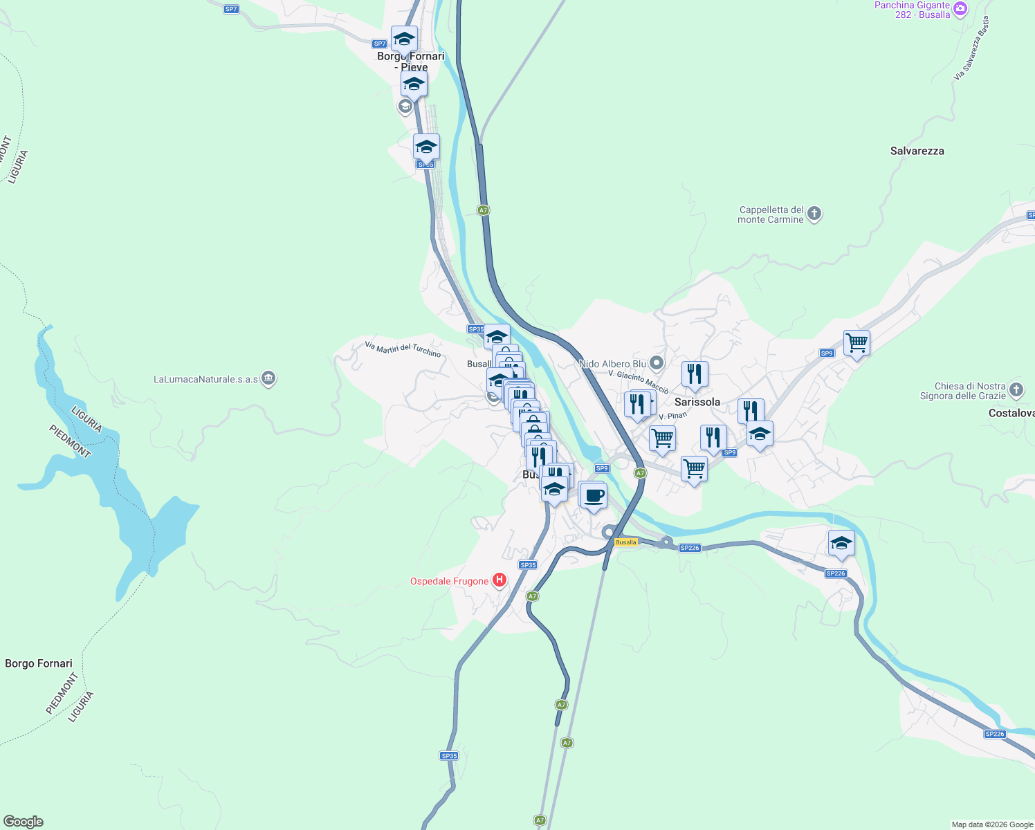 map of restaurants, bars, coffee shops, grocery stores, and more near 1 Via Giuseppe Levrero in Busalla
