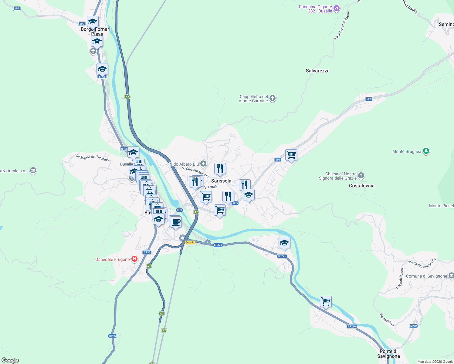 map of restaurants, bars, coffee shops, grocery stores, and more near Via Pinan in Busalla