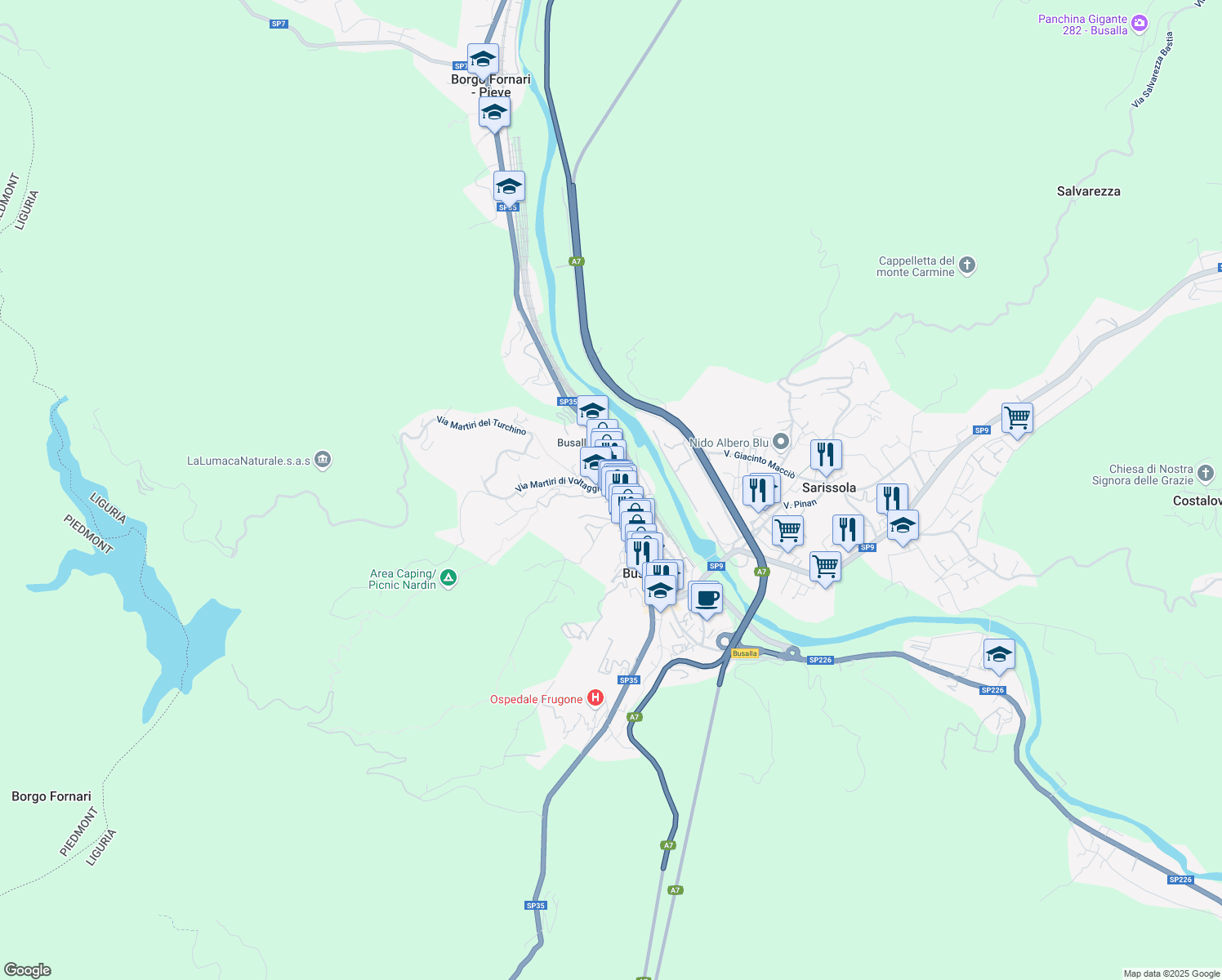 map of restaurants, bars, coffee shops, grocery stores, and more near 4 Via Matteo Martignone in Busalla