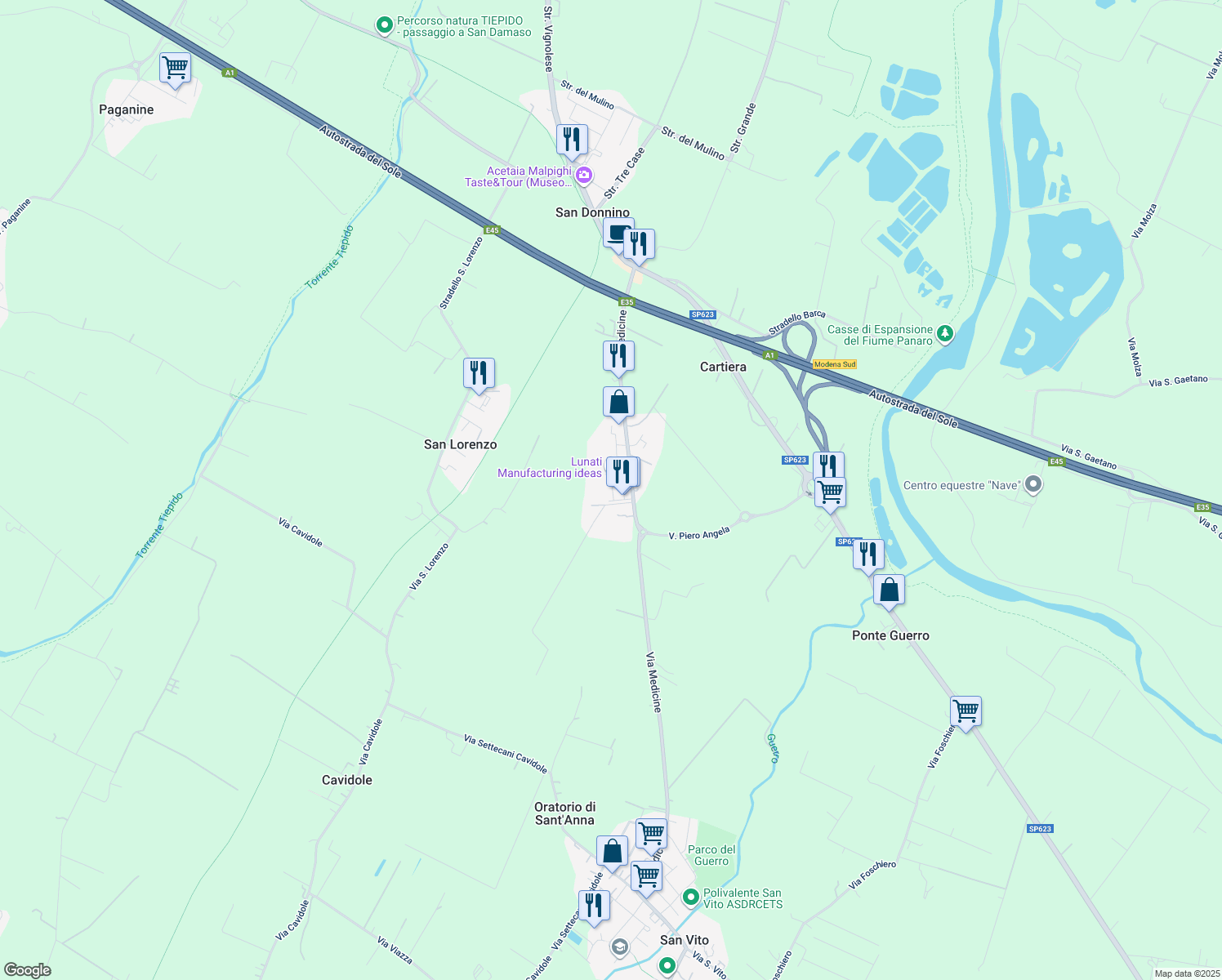 map of restaurants, bars, coffee shops, grocery stores, and more near 1802 Via Medicine in San Vito di Spilamberto