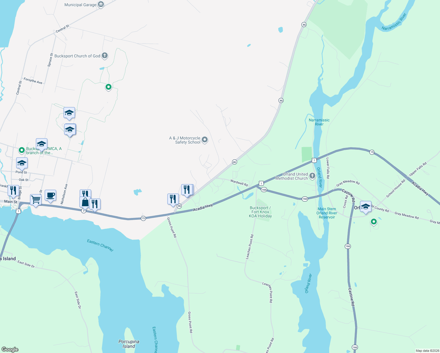 map of restaurants, bars, coffee shops, grocery stores, and more near 101 Duck Cove Road in Orland