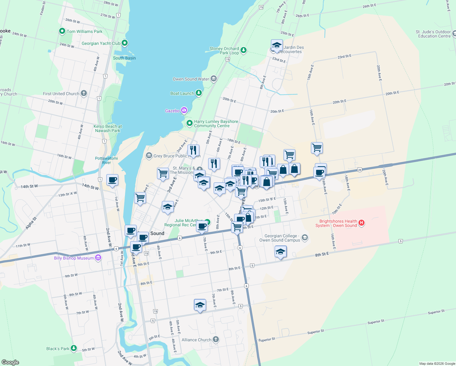 map of restaurants, bars, coffee shops, grocery stores, and more near 735 16th Street East in Owen Sound