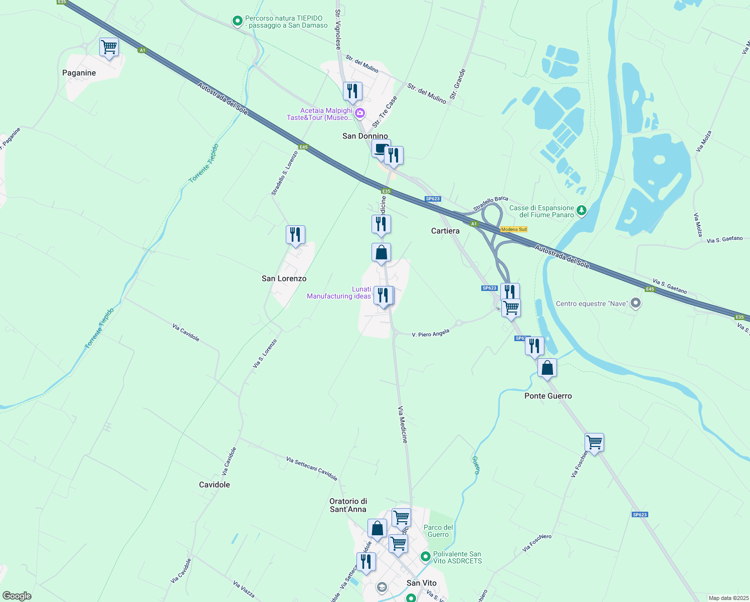 map of restaurants, bars, coffee shops, grocery stores, and more near 1802 Via Medicine in San Vito di Spilamberto