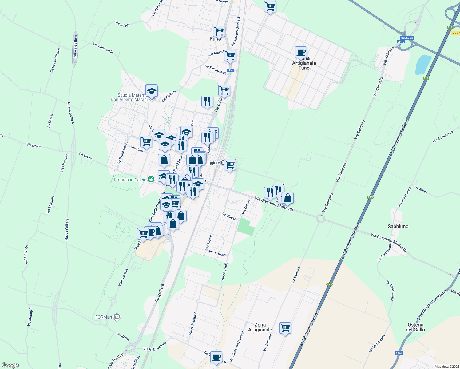 map of restaurants, bars, coffee shops, grocery stores, and more near 1 Piazza Lorusso in Castel Maggiore