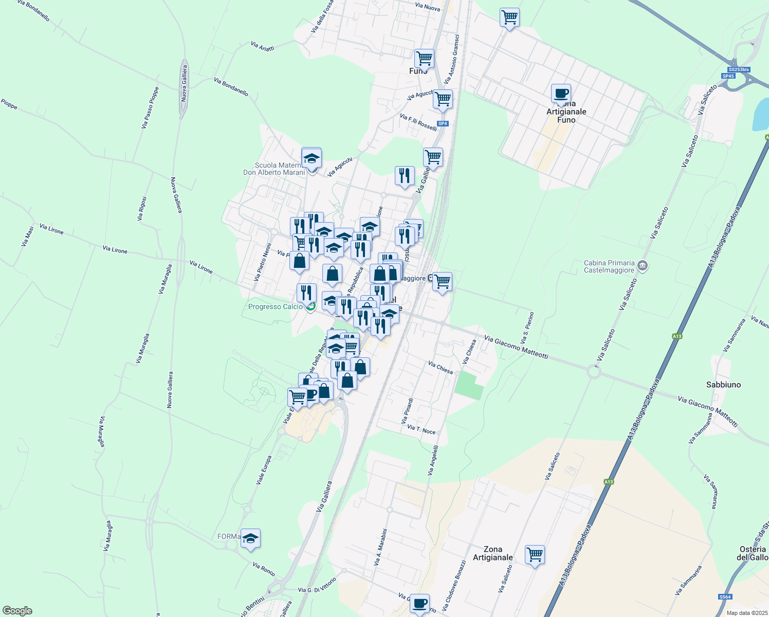 map of restaurants, bars, coffee shops, grocery stores, and more near in Castel Maggiore
