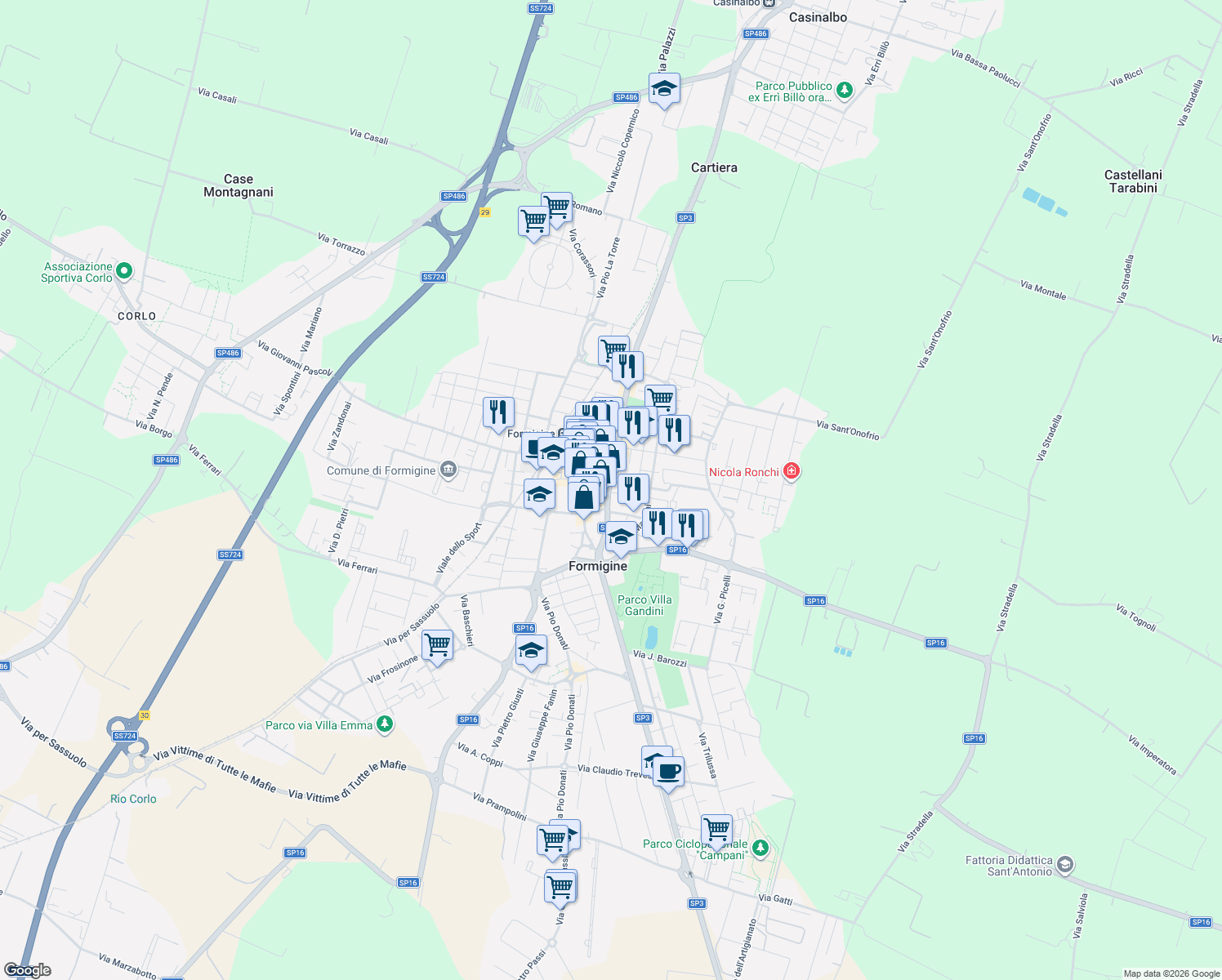 map of restaurants, bars, coffee shops, grocery stores, and more near 41 Via Vittorio Veneto in Formigine
