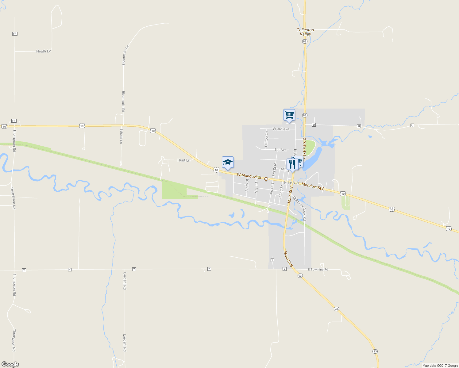 map of restaurants, bars, coffee shops, grocery stores, and more near 50597 South 7th Street in Eleva