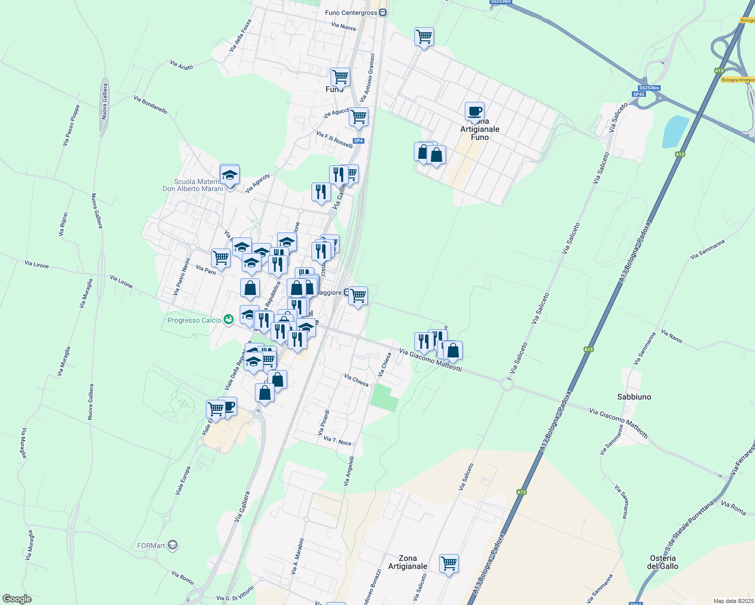 map of restaurants, bars, coffee shops, grocery stores, and more near 1 Piazza Lorusso in Città Metropolitana di Bologna