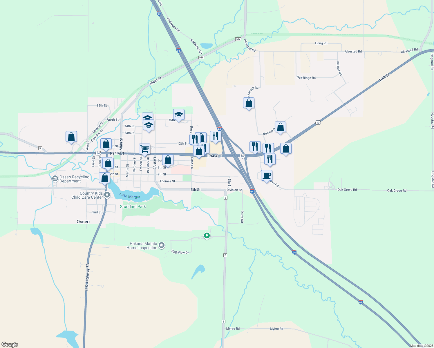 map of restaurants, bars, coffee shops, grocery stores, and more near 12824 7th Street in Osseo