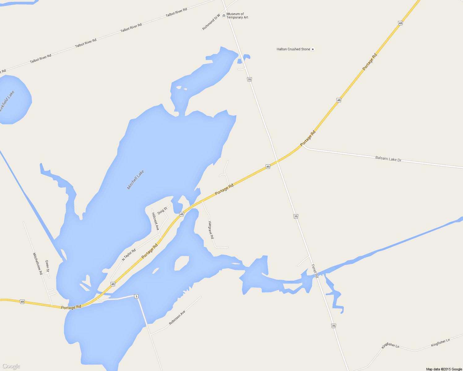 map of restaurants, bars, coffee shops, grocery stores, and more near 1403 Portage Road in Kirkfield