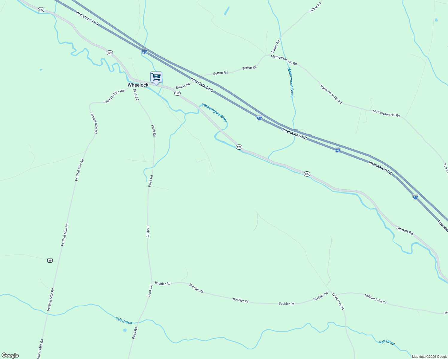 map of restaurants, bars, coffee shops, grocery stores, and more near 3415 Fall Brook Road in Wheelock