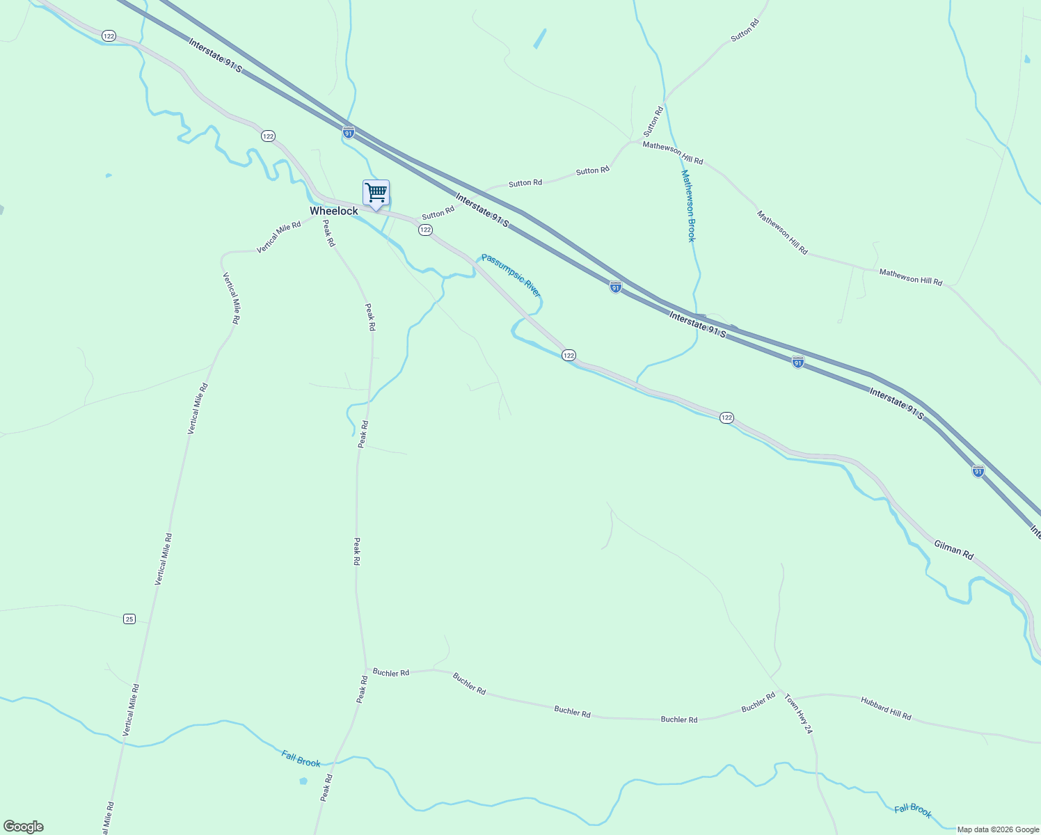 map of restaurants, bars, coffee shops, grocery stores, and more near 3415 Fall Brook Road in Wheelock