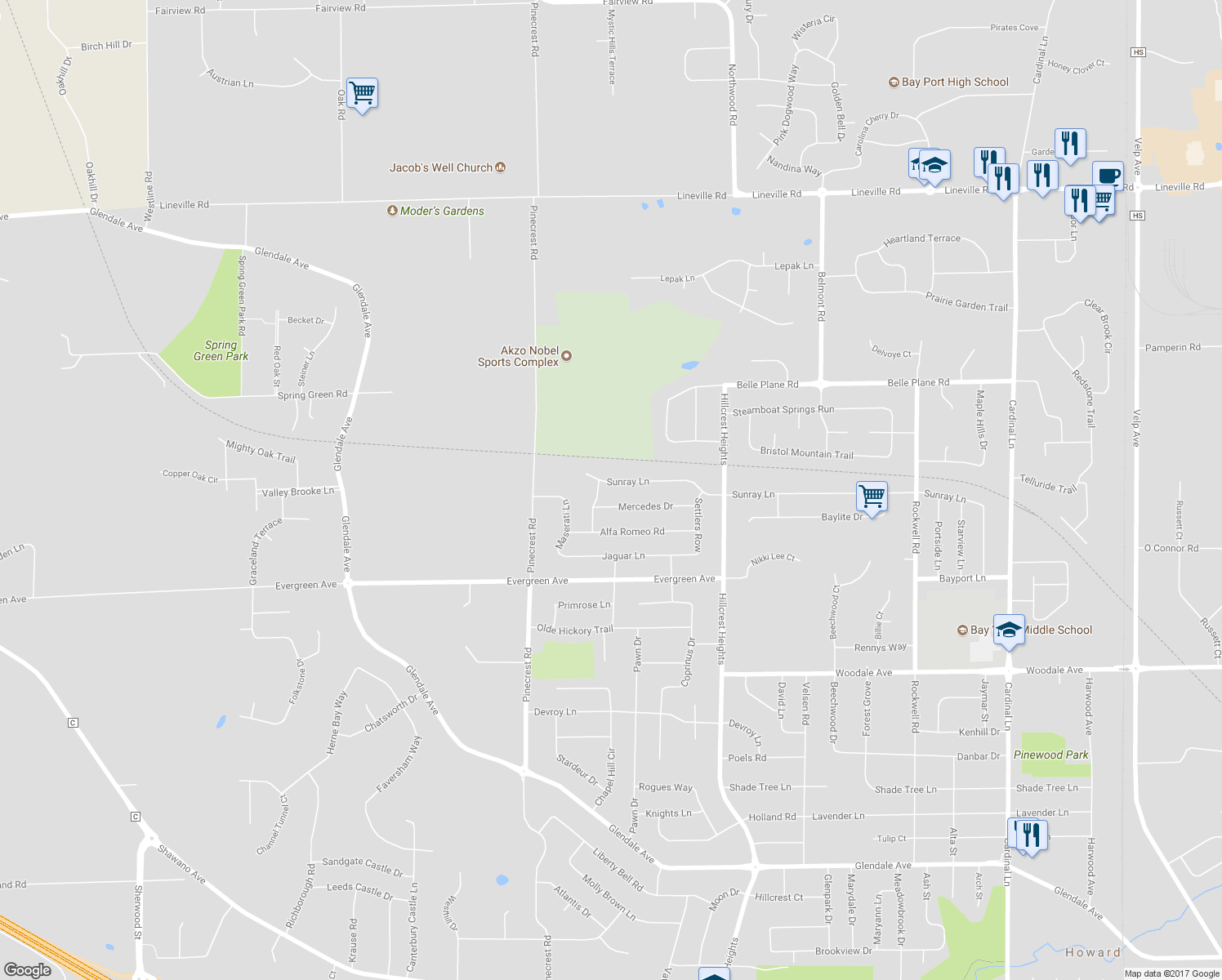 map of restaurants, bars, coffee shops, grocery stores, and more near 3155 Sunray Lane in Green Bay