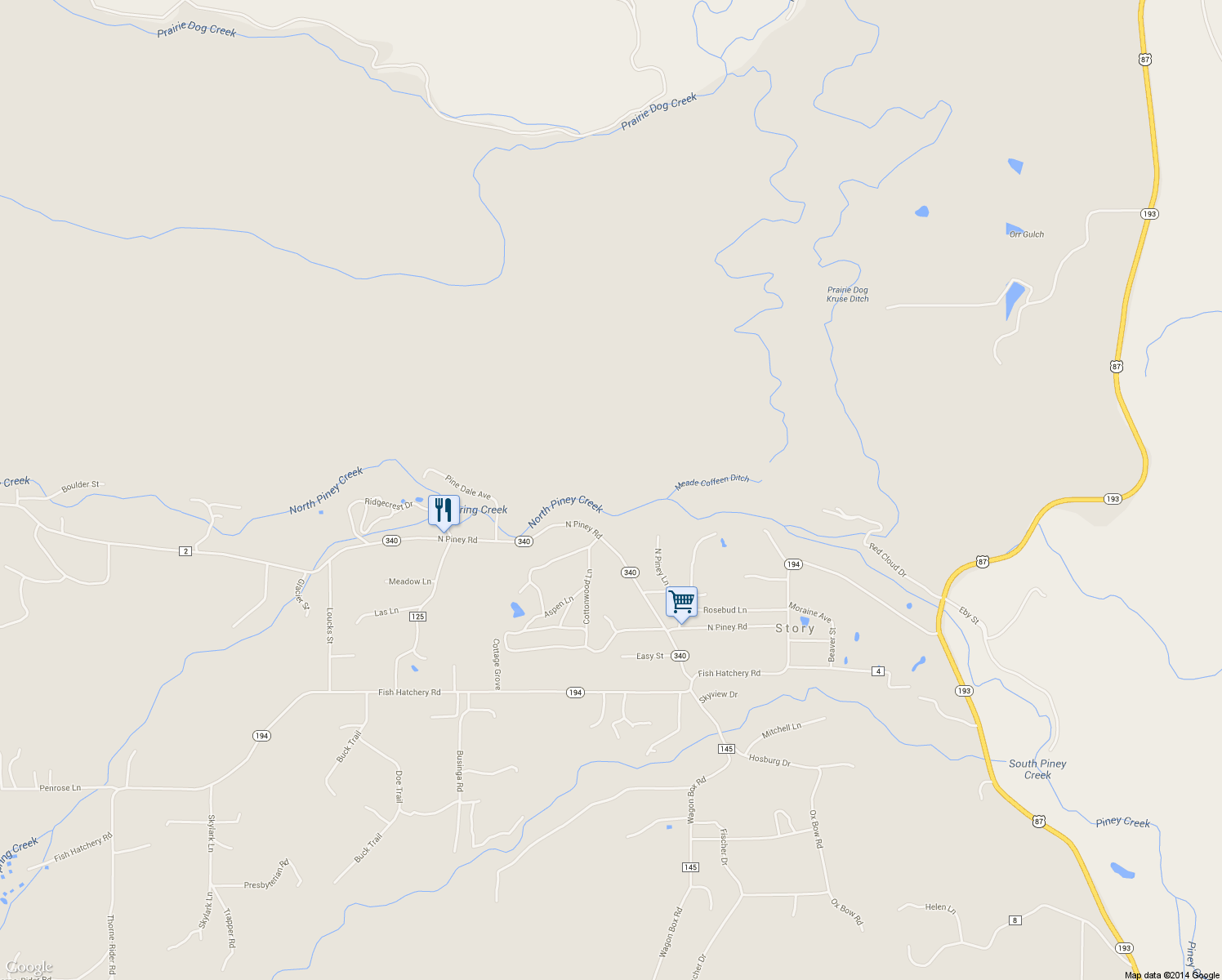 map of restaurants, bars, coffee shops, grocery stores, and more near 65 N Piney Rd in Story