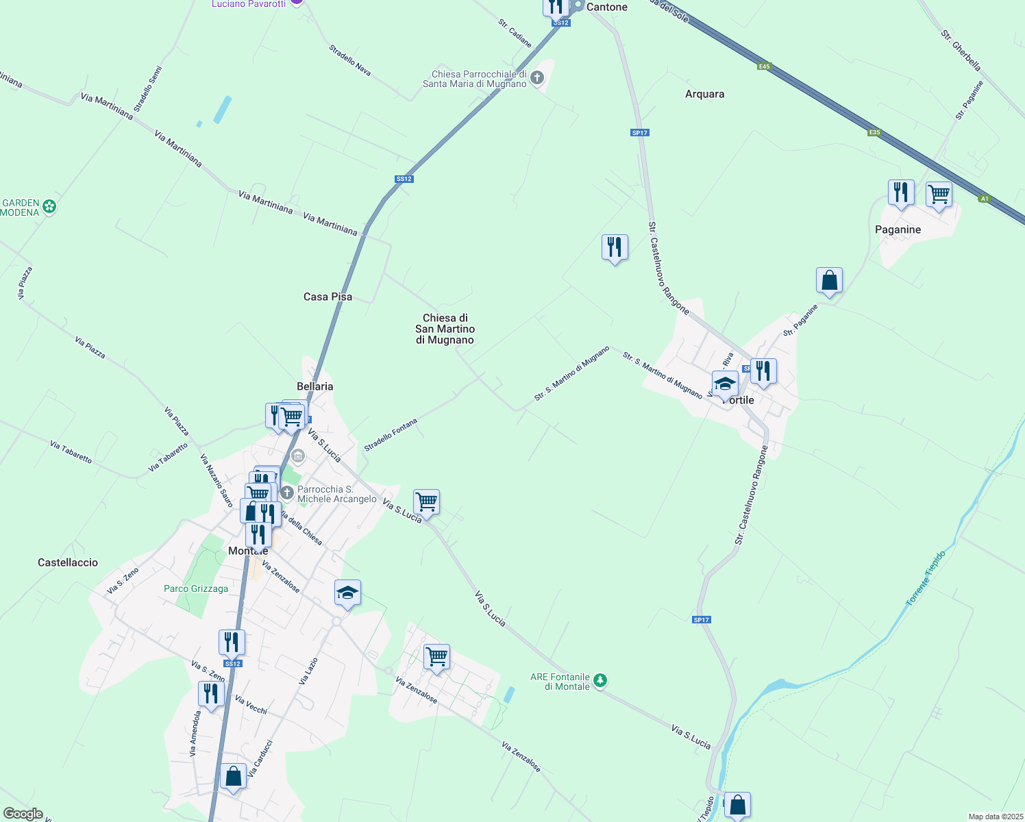 map of restaurants, bars, coffee shops, grocery stores, and more near 92 Strada San Martino di Mugnano in Provincia di Modena