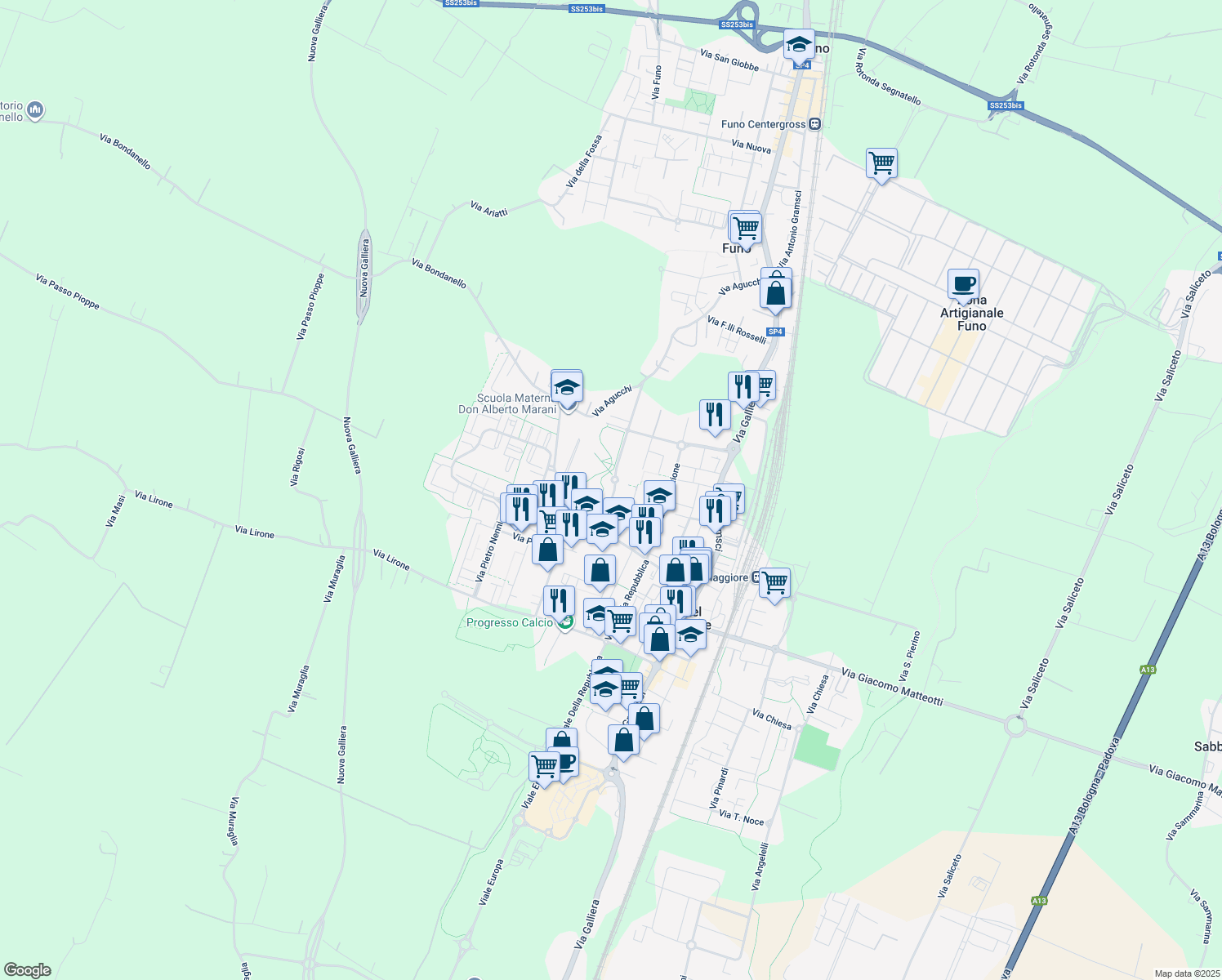 map of restaurants, bars, coffee shops, grocery stores, and more near 32 Via Ilaria Alpi in Castel Maggiore