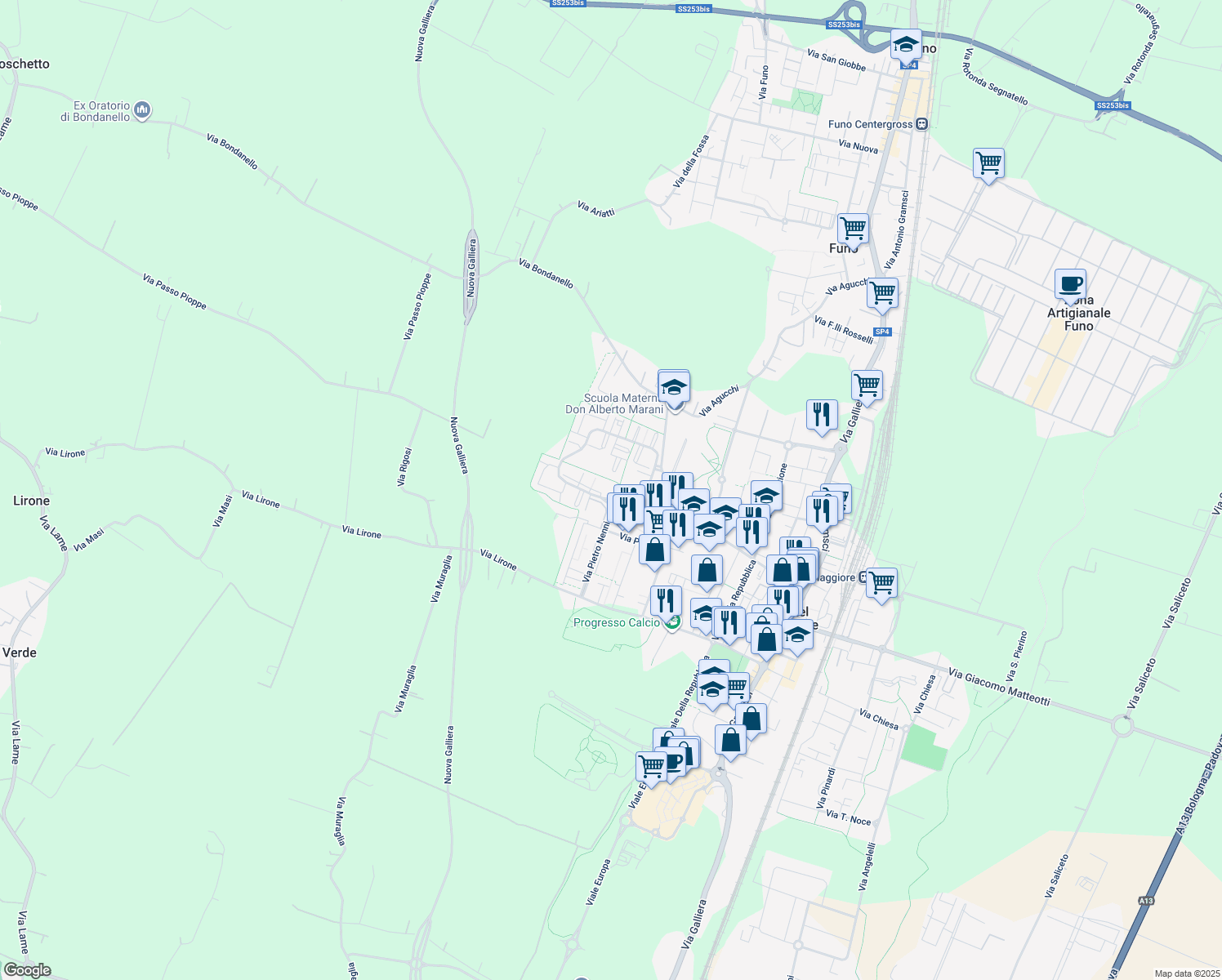 map of restaurants, bars, coffee shops, grocery stores, and more near 68 Via Giorgio La Pira in Castel Maggiore