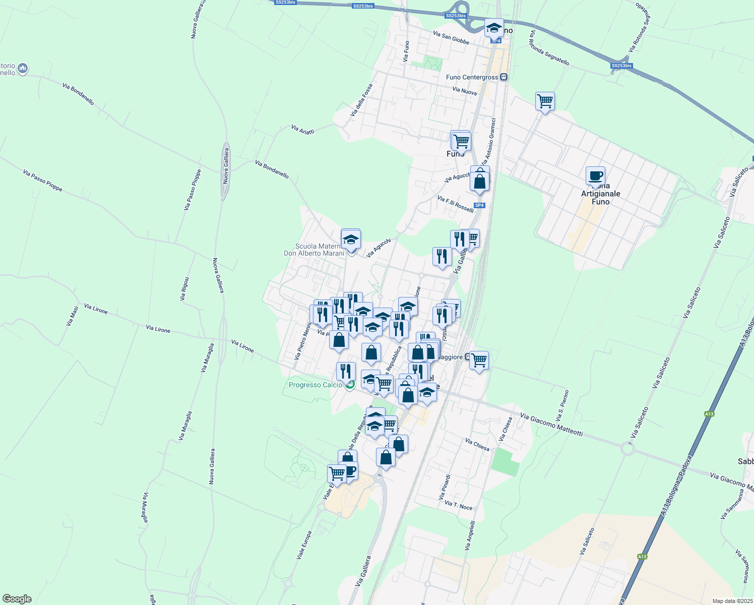 map of restaurants, bars, coffee shops, grocery stores, and more near 32 Via Ilaria Alpi in Castel Maggiore