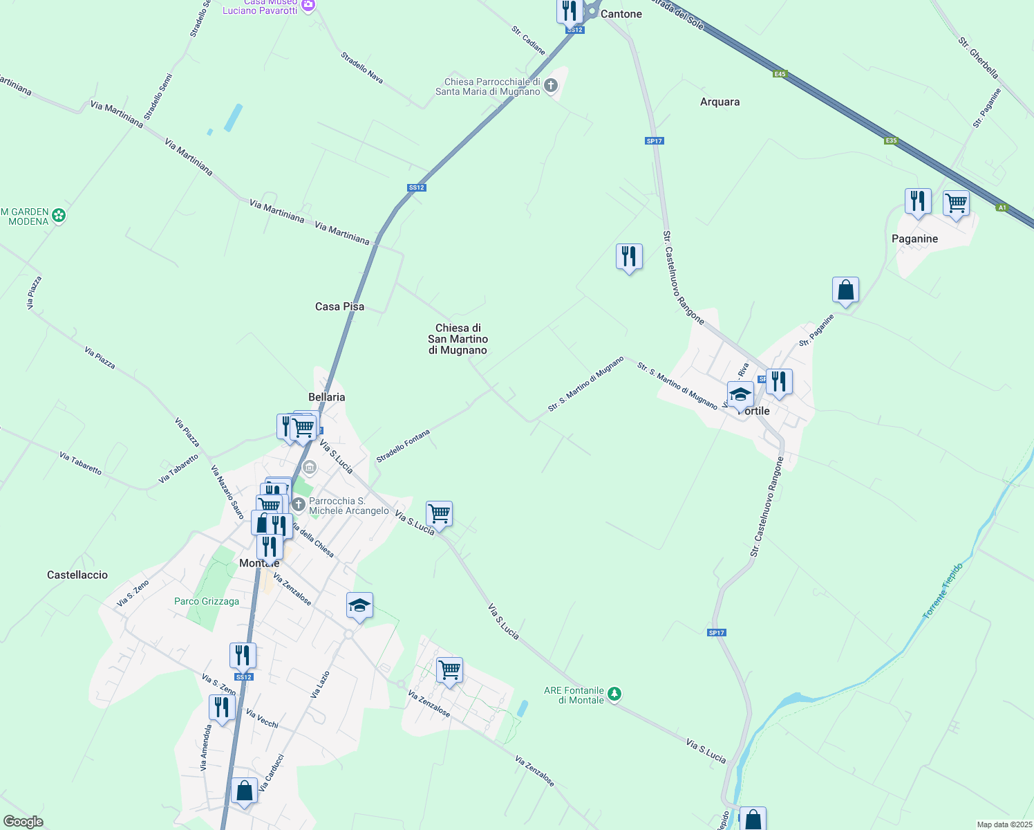 map of restaurants, bars, coffee shops, grocery stores, and more near 92 Strada San Martino di Mugnano in Provincia di Modena