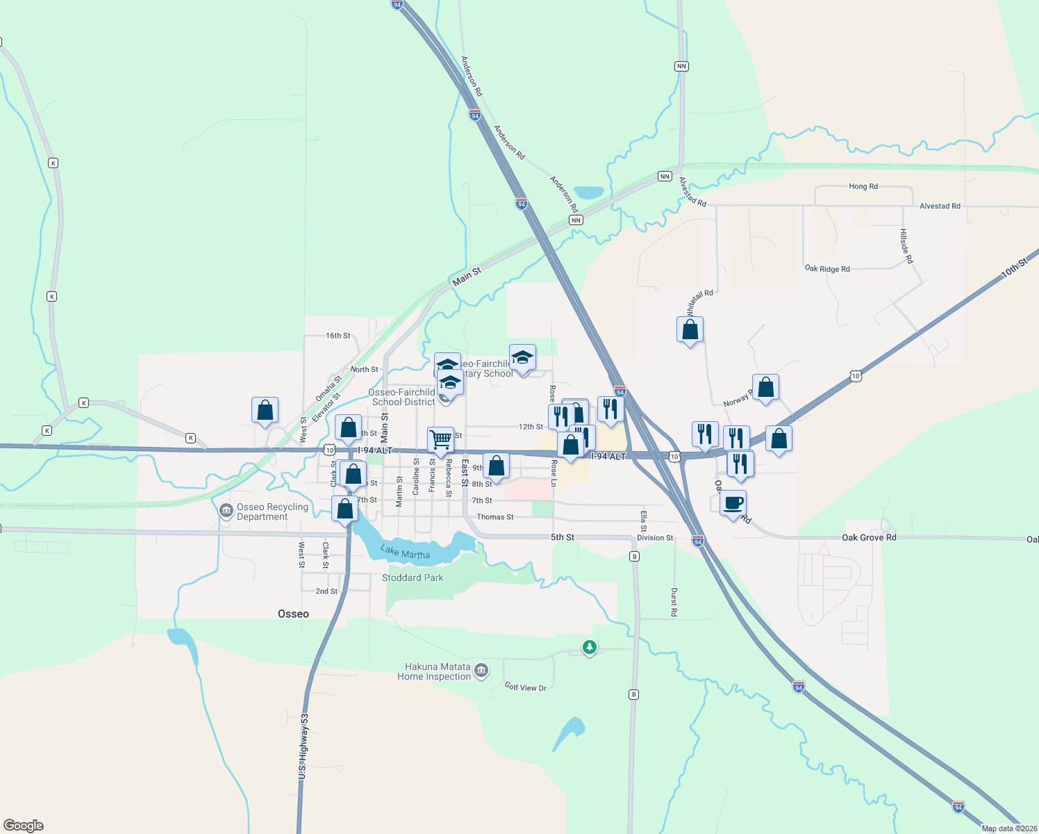 map of restaurants, bars, coffee shops, grocery stores, and more near 13036 12th Street in Osseo