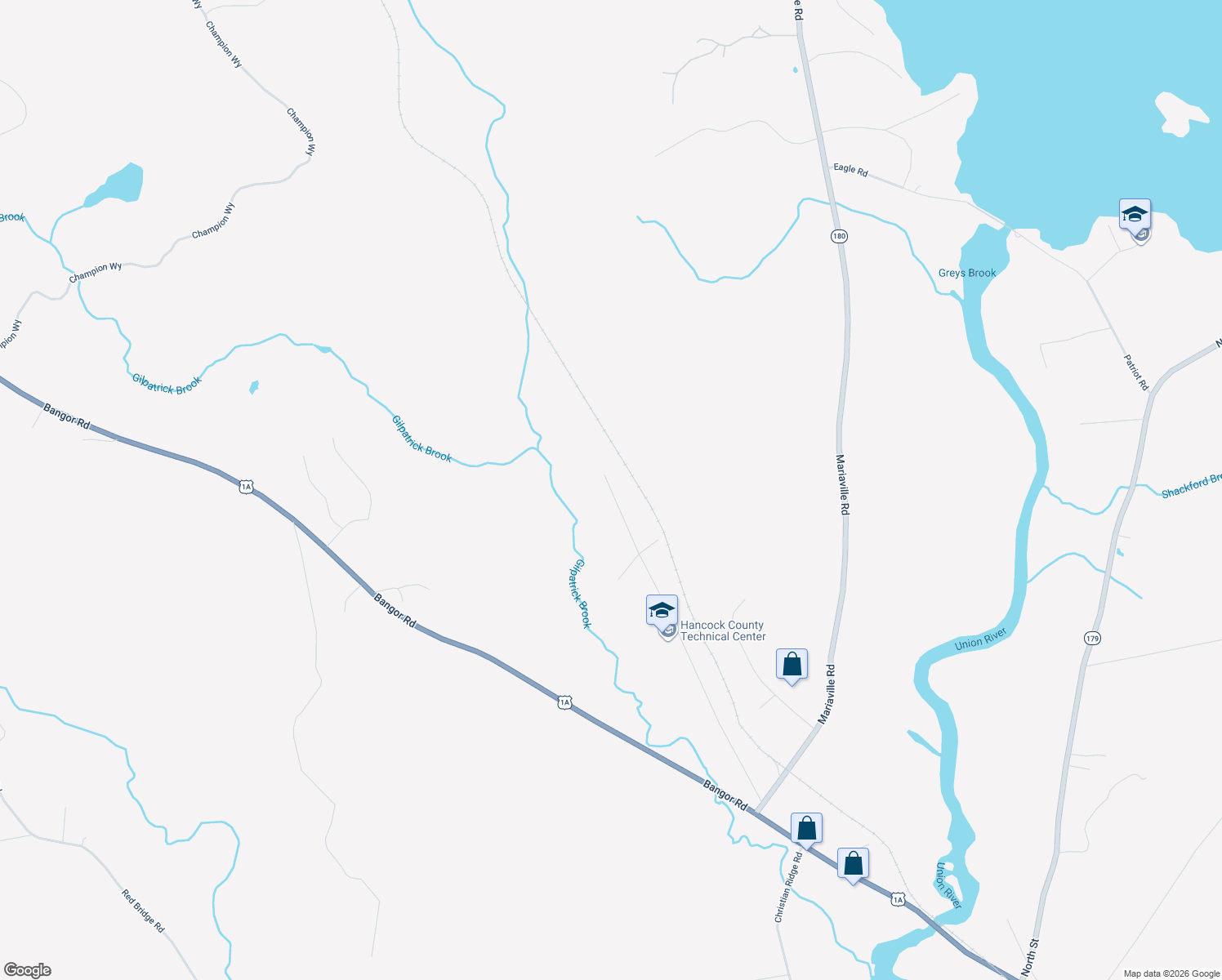 map of restaurants, bars, coffee shops, grocery stores, and more near 220 Boggy Brook Road in Ellsworth