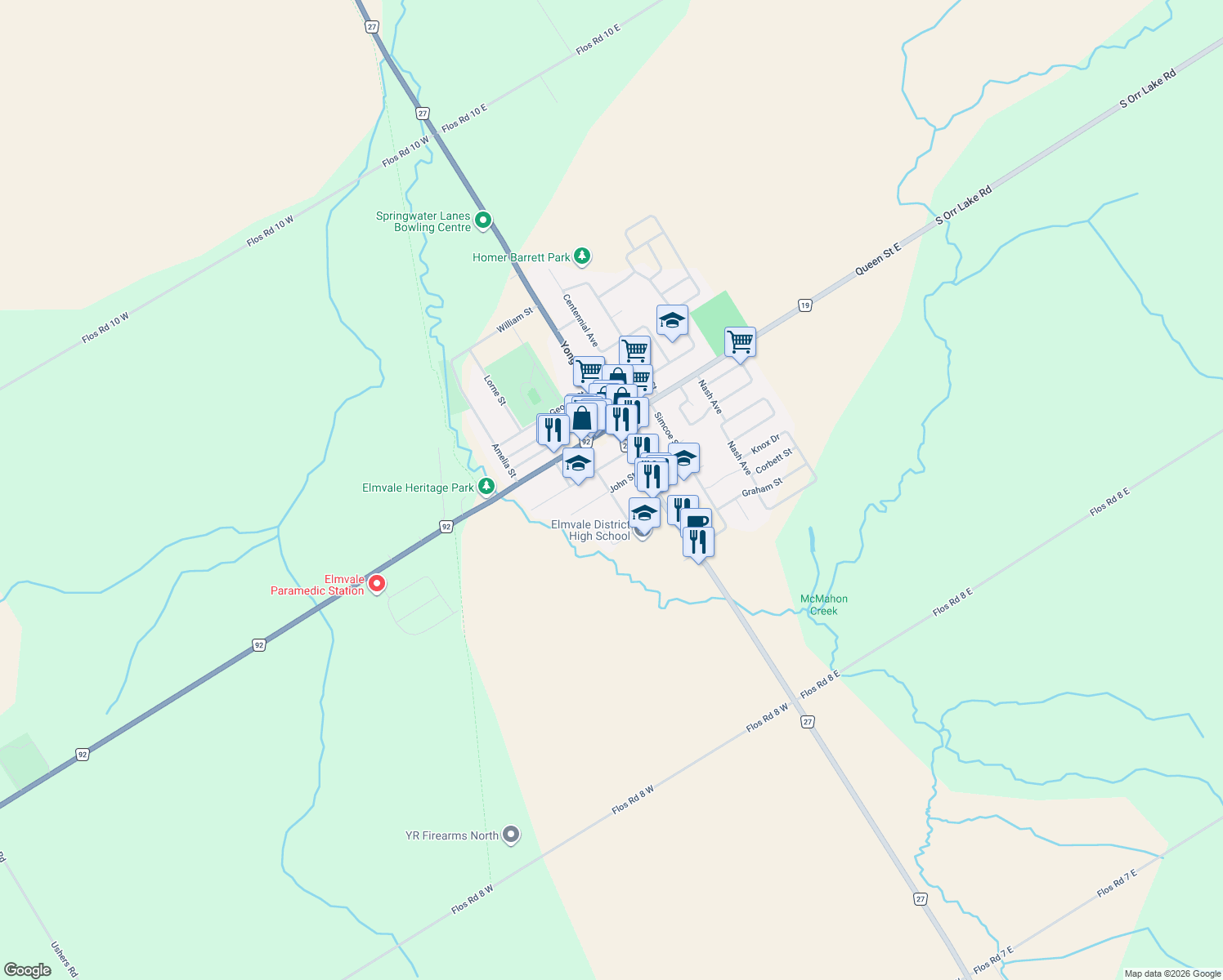 map of restaurants, bars, coffee shops, grocery stores, and more near 12 John Street in Elmvale