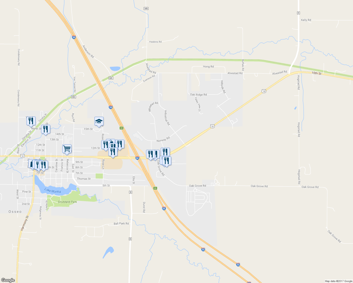 map of restaurants, bars, coffee shops, grocery stores, and more near 12524 Frontage Road in Osseo