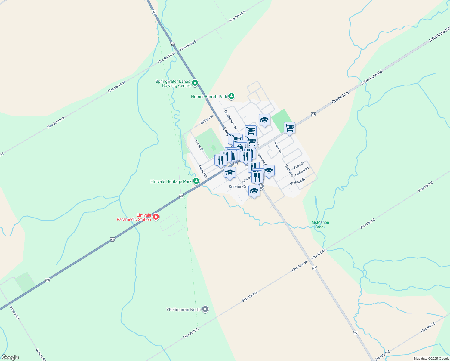map of restaurants, bars, coffee shops, grocery stores, and more near 36 Stone Street in Elmvale