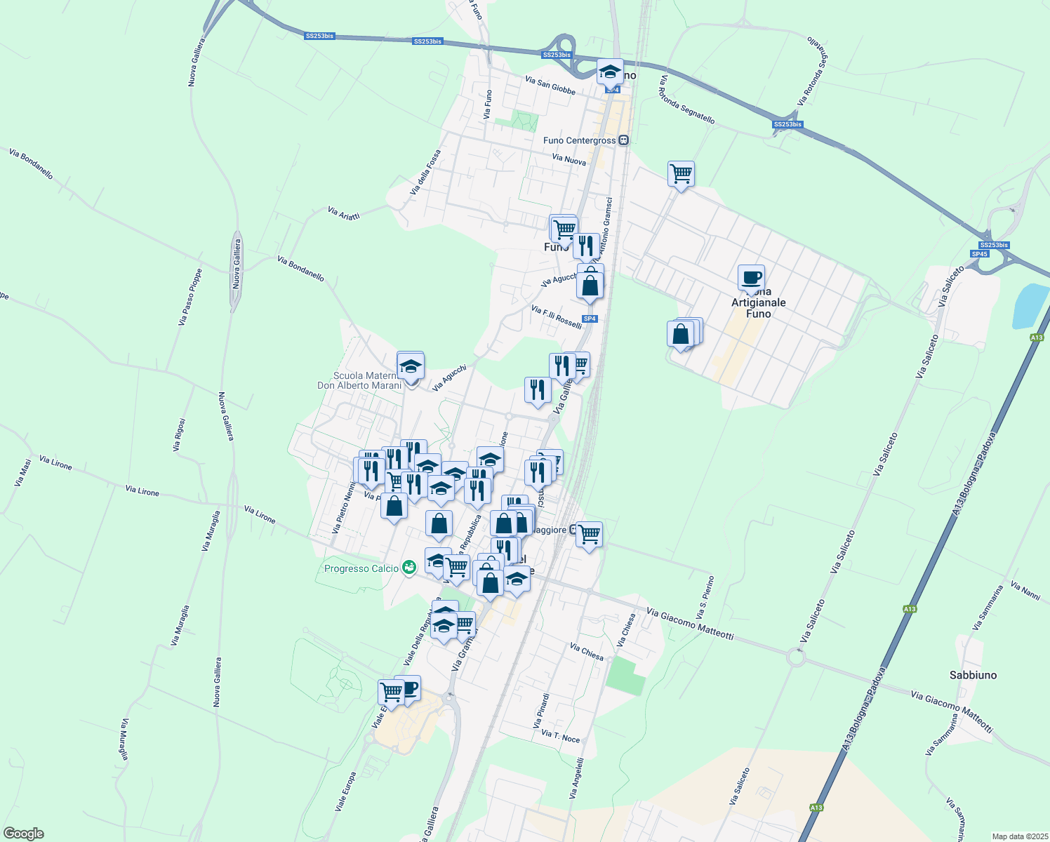 map of restaurants, bars, coffee shops, grocery stores, and more near 10 Via Oreste Vancini in Progresso