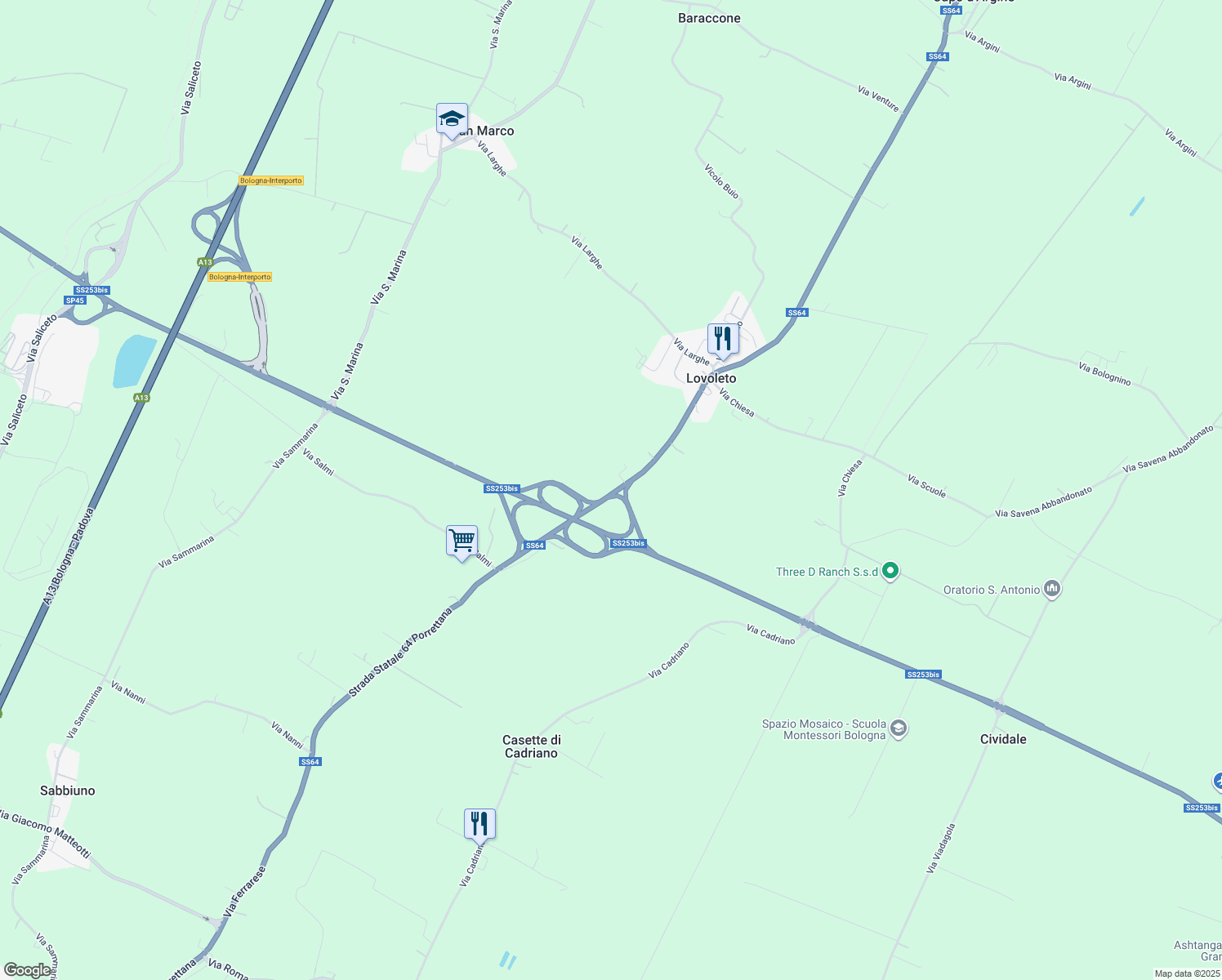 map of restaurants, bars, coffee shops, grocery stores, and more near 13 Strada Statale 64 Porrettana in Città Metropolitana di Bologna
