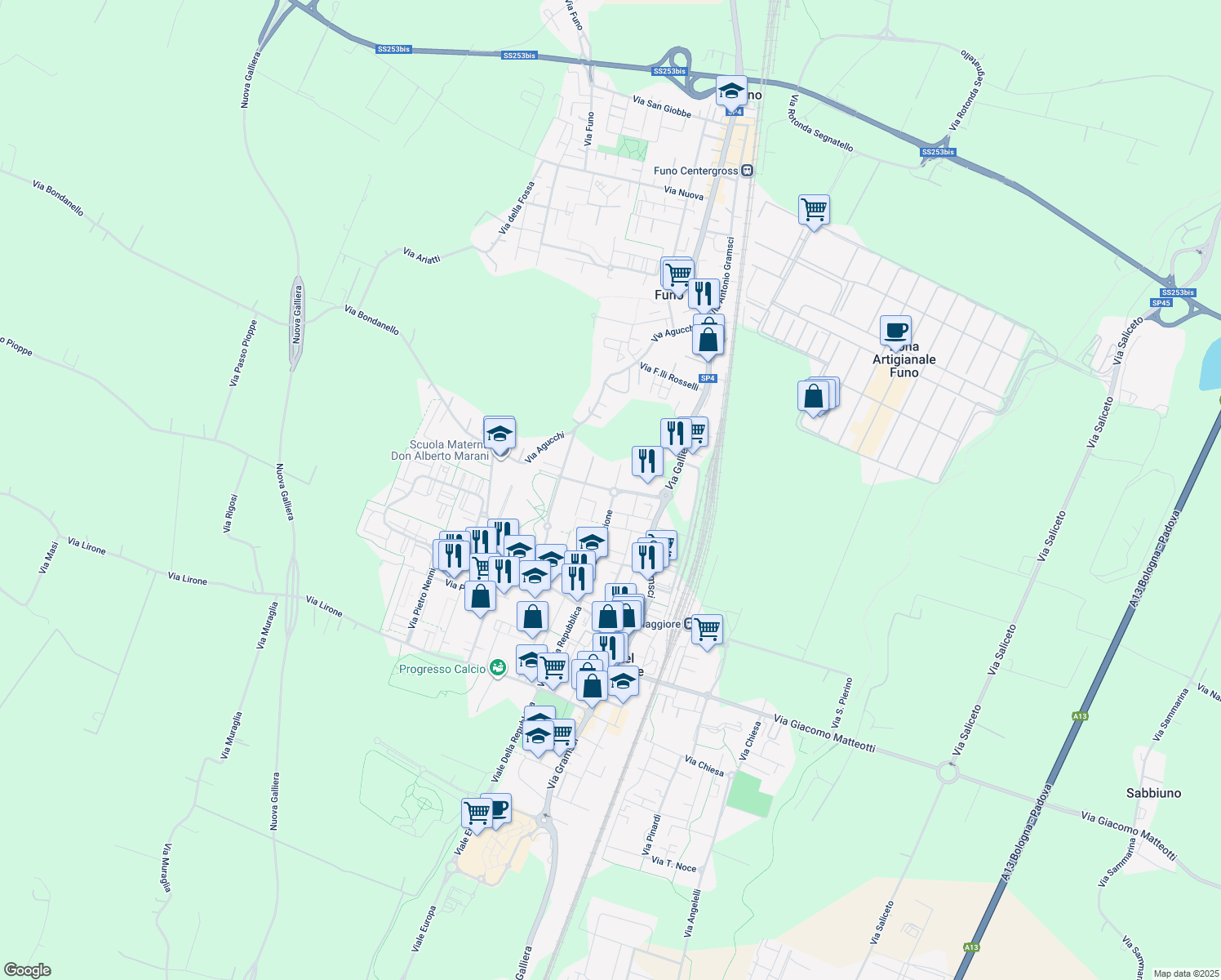 map of restaurants, bars, coffee shops, grocery stores, and more near 10 Via Oreste Vancini in Progresso