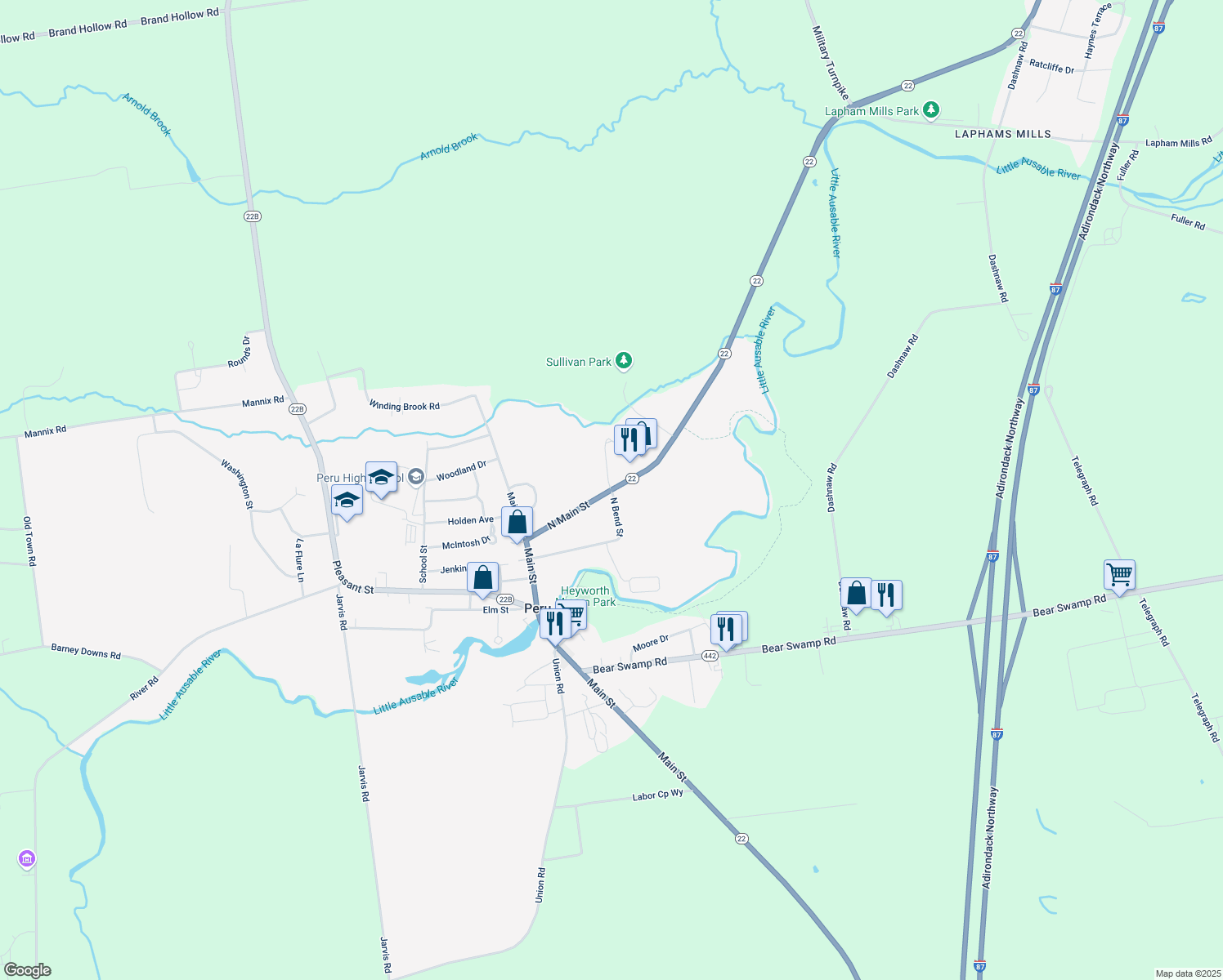 map of restaurants, bars, coffee shops, grocery stores, and more near 3063 New York 22 in Peru
