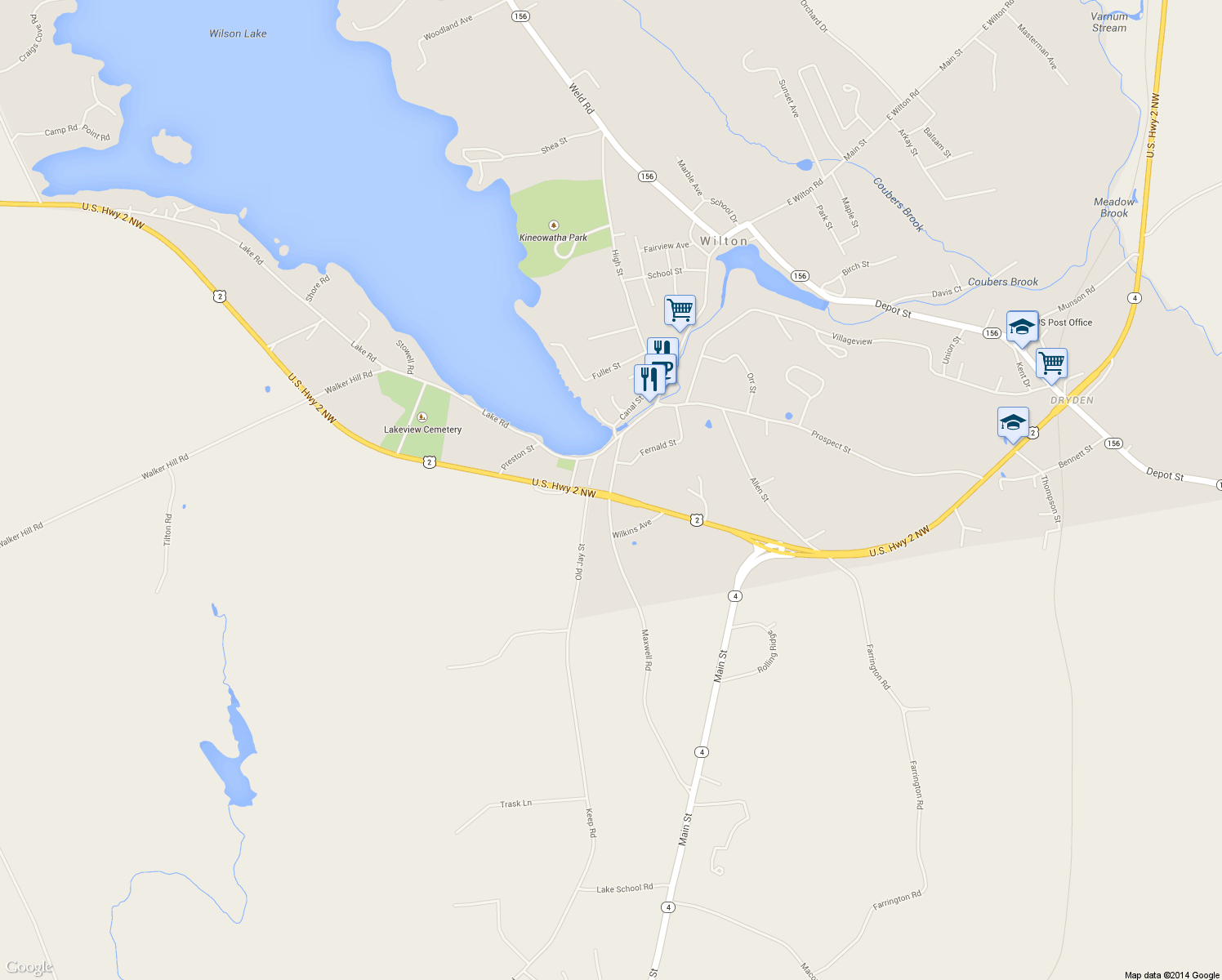 map of restaurants, bars, coffee shops, grocery stores, and more near 201 Main Street in Wilton