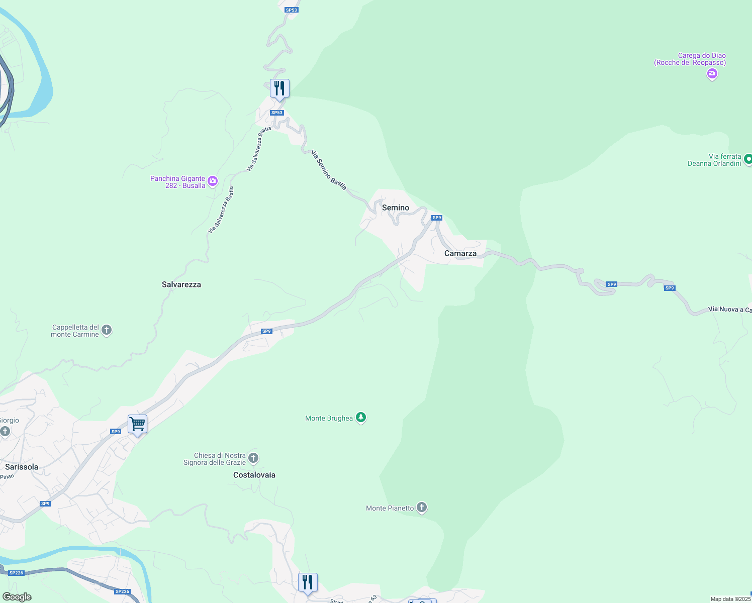 map of restaurants, bars, coffee shops, grocery stores, and more near 6C Via Costalovaia in Busalla