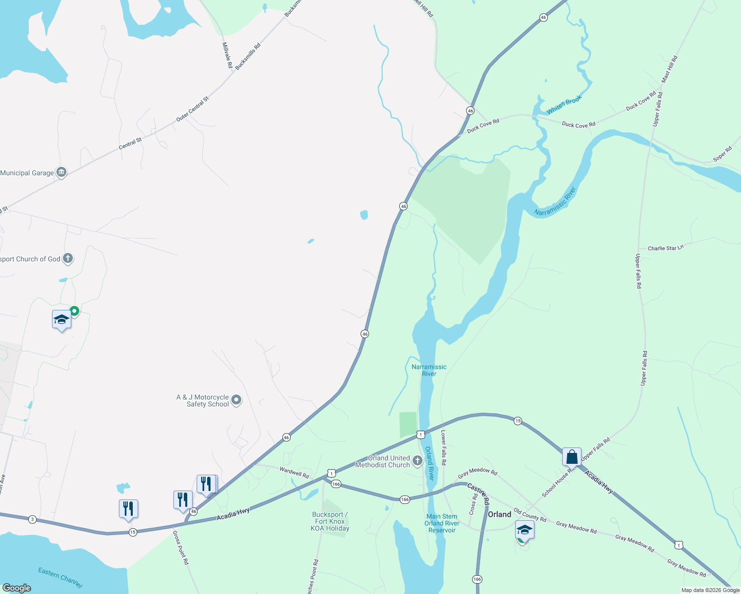 map of restaurants, bars, coffee shops, grocery stores, and more near 276 Duck Cove Road in Bucksport