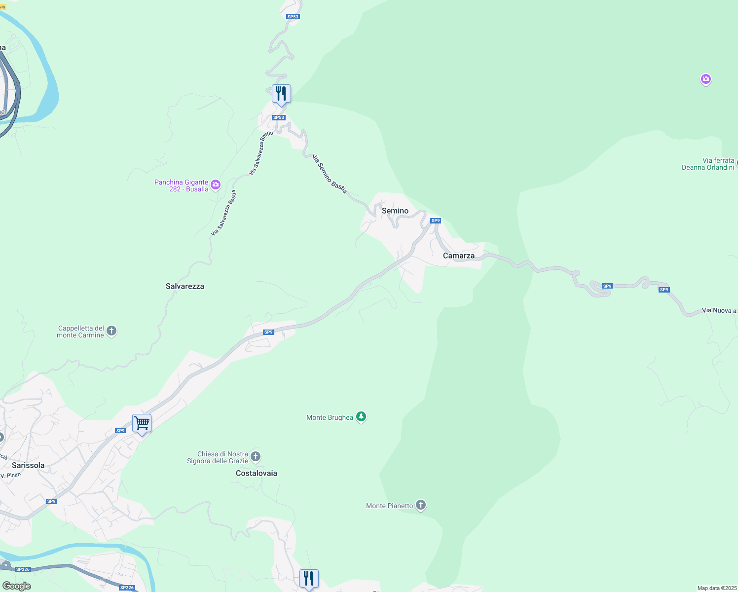 map of restaurants, bars, coffee shops, grocery stores, and more near 6C Via Costalovaia in Busalla