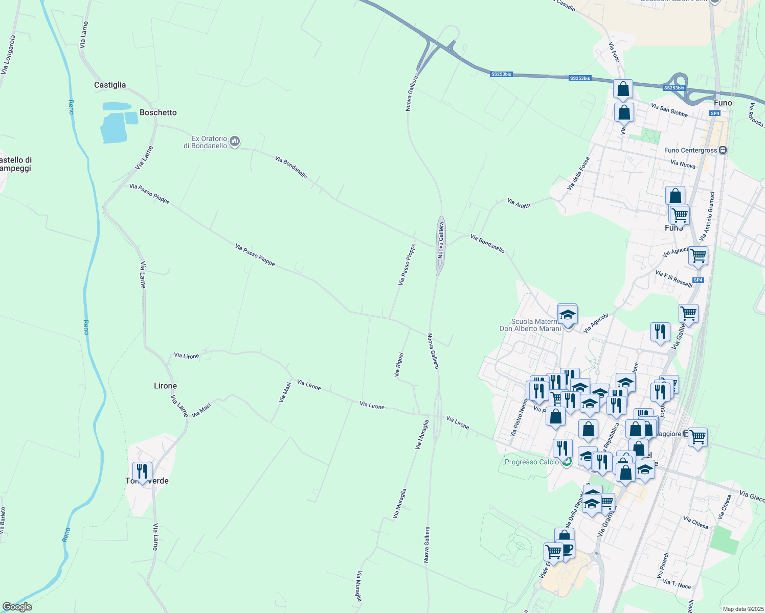 map of restaurants, bars, coffee shops, grocery stores, and more near 7 Via Passo Pioppe in Castel Maggiore
