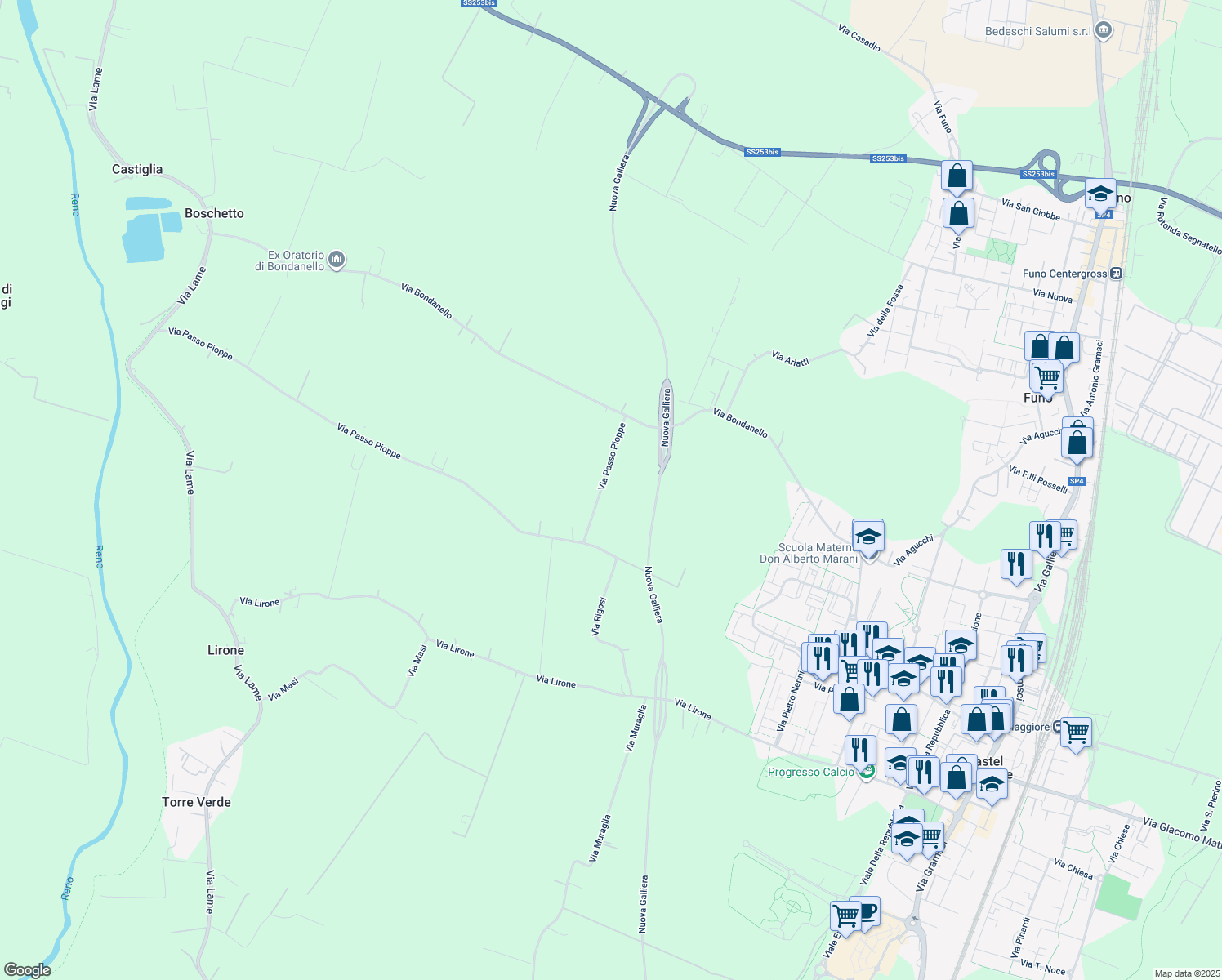 map of restaurants, bars, coffee shops, grocery stores, and more near Via Passo Pioppe in Bologna
