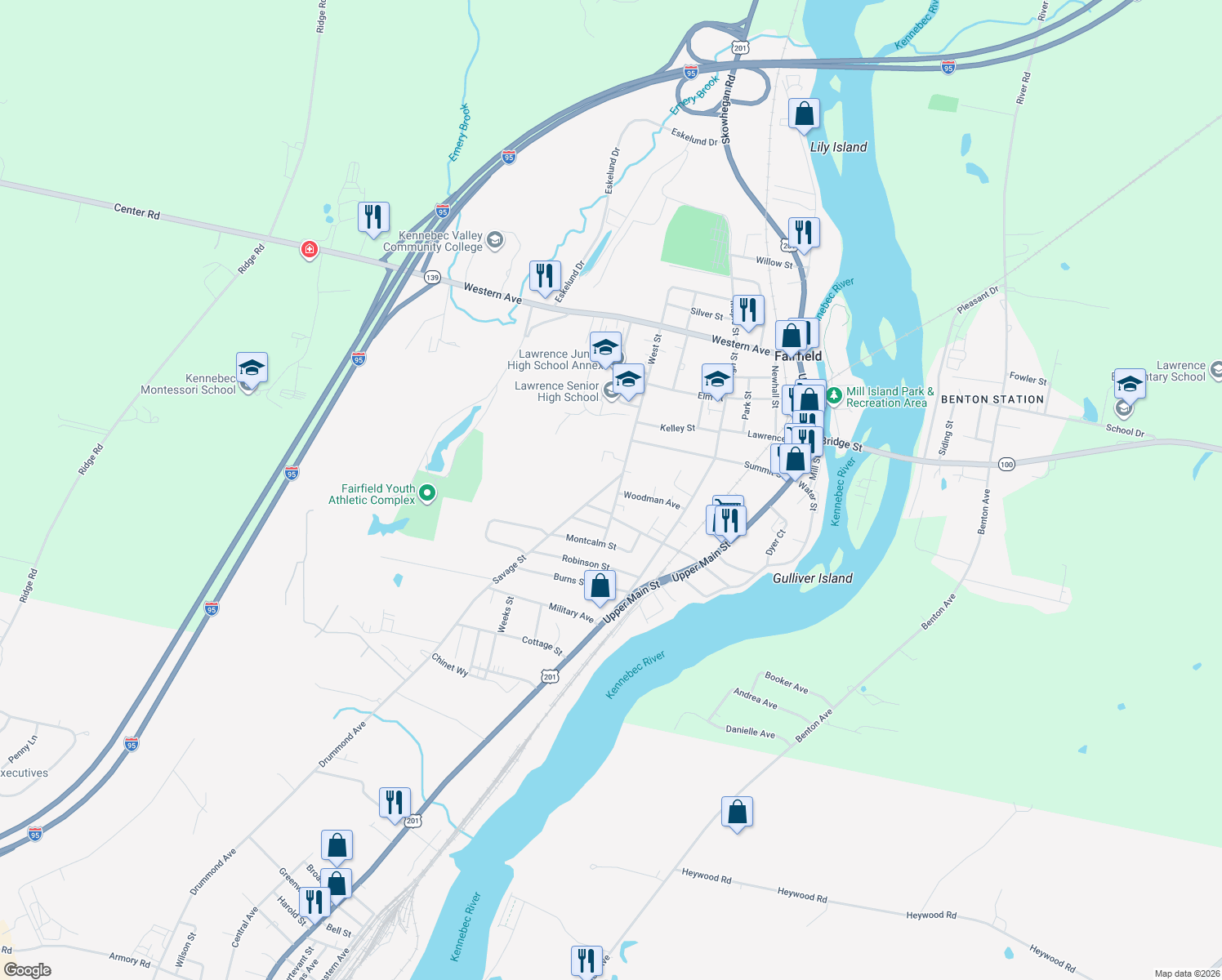 map of restaurants, bars, coffee shops, grocery stores, and more near 32 Savage Street in Waterville
