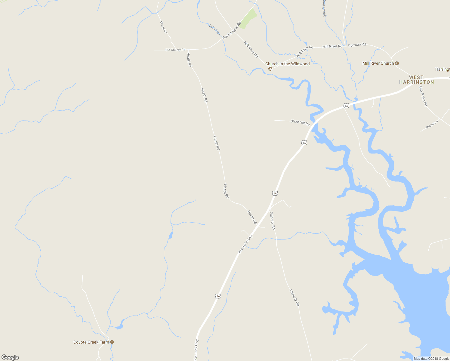 map of restaurants, bars, coffee shops, grocery stores, and more near 94 Heath Road in Milbridge