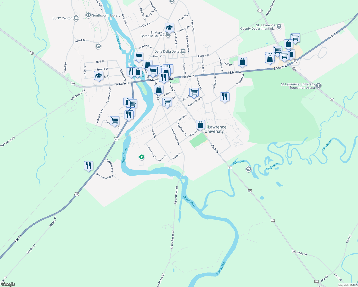 map of restaurants, bars, coffee shops, grocery stores, and more near 99 Maple St in Canton