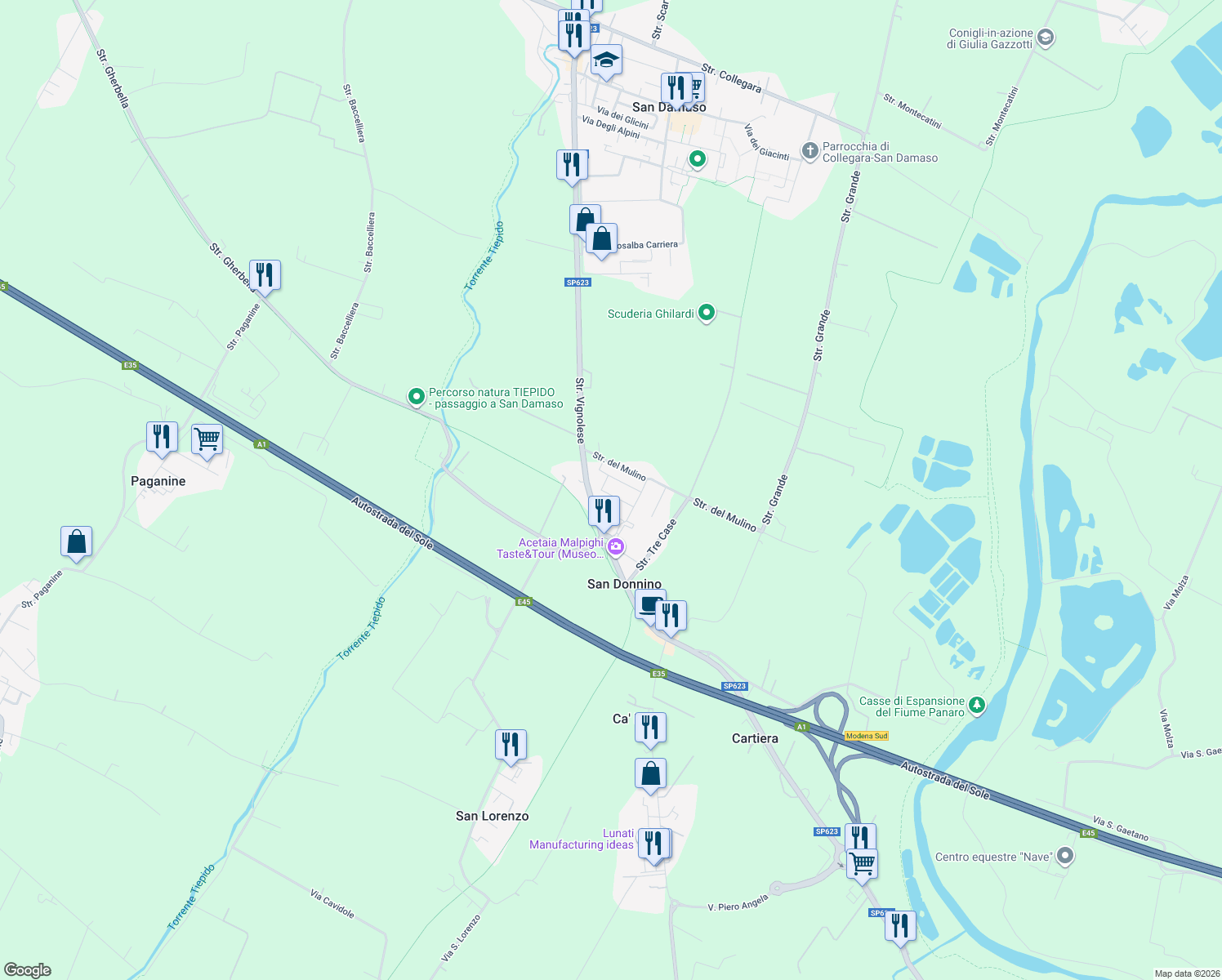map of restaurants, bars, coffee shops, grocery stores, and more near 8 Via del Biancospino in San Donnino