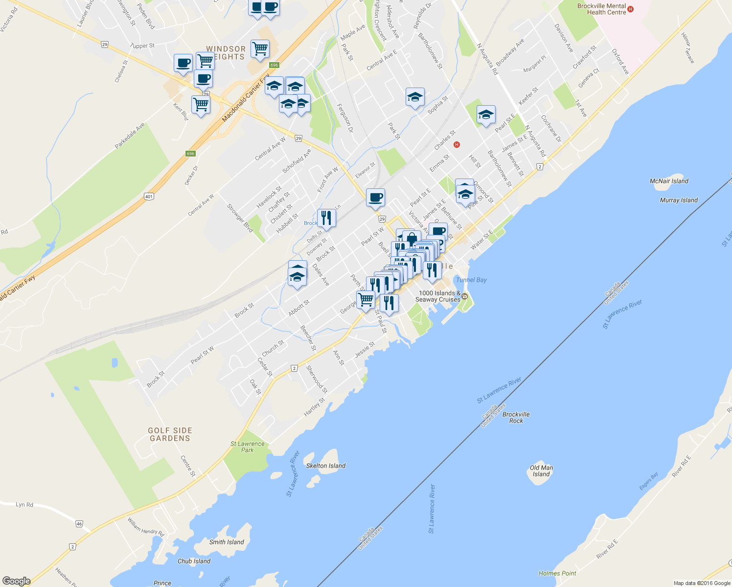 map of restaurants, bars, coffee shops, grocery stores, and more near 88 George Street in Brockville