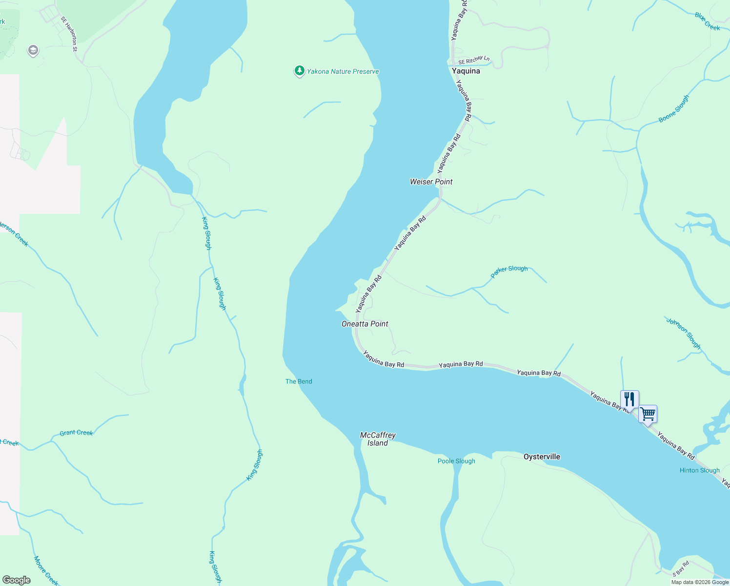 map of restaurants, bars, coffee shops, grocery stores, and more near 5262 Yaquina Bay Road in Newport