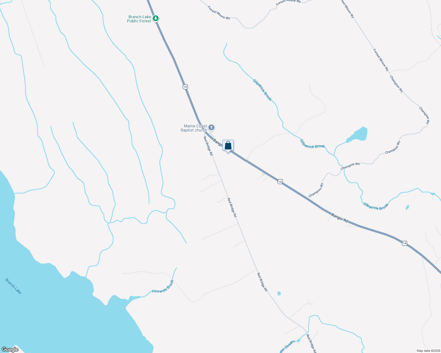 map of restaurants, bars, coffee shops, grocery stores, and more near 783 Red Bridge Road in Ellsworth
