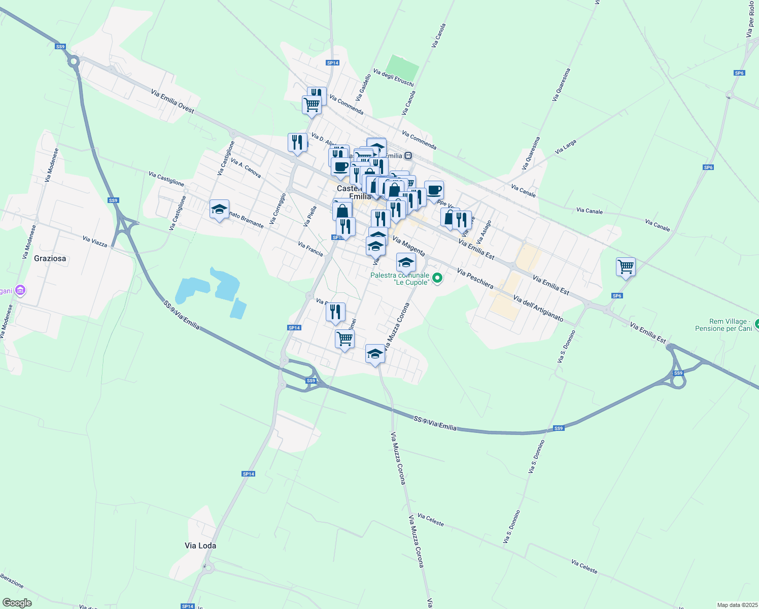 map of restaurants, bars, coffee shops, grocery stores, and more near 14 Via Pietro Melecchi in Castelfranco Emilia