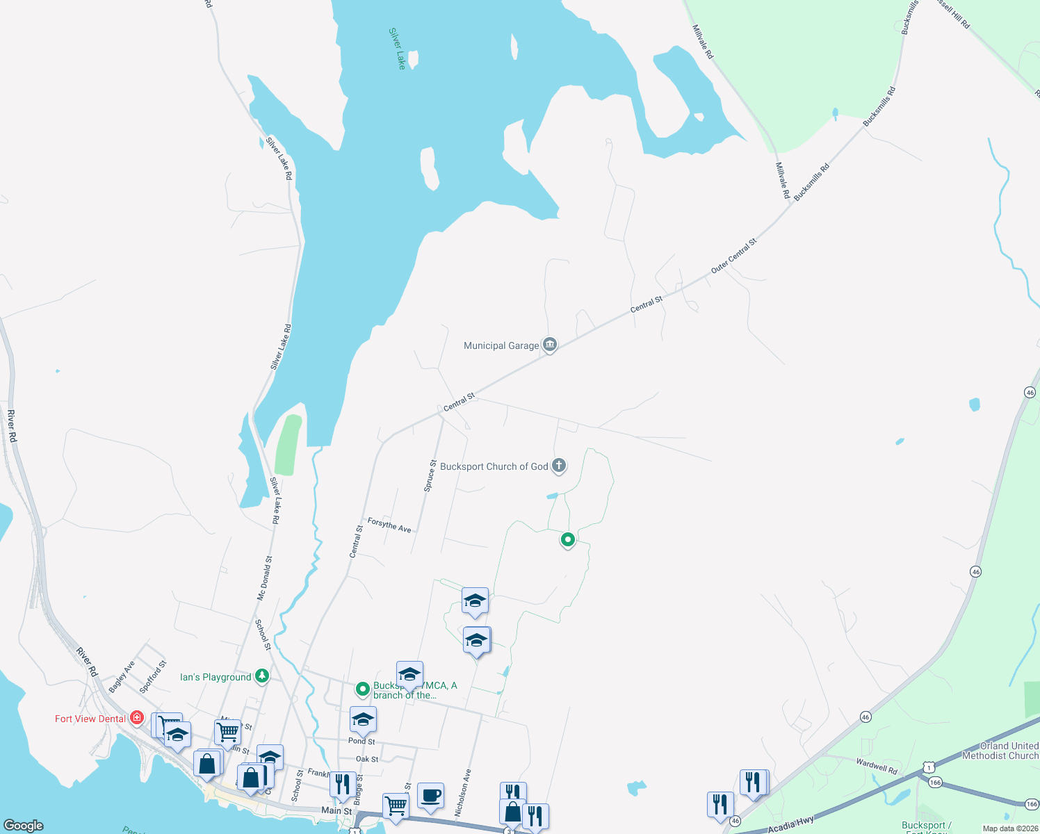 map of restaurants, bars, coffee shops, grocery stores, and more near 35 Race Course Road in Bucksport