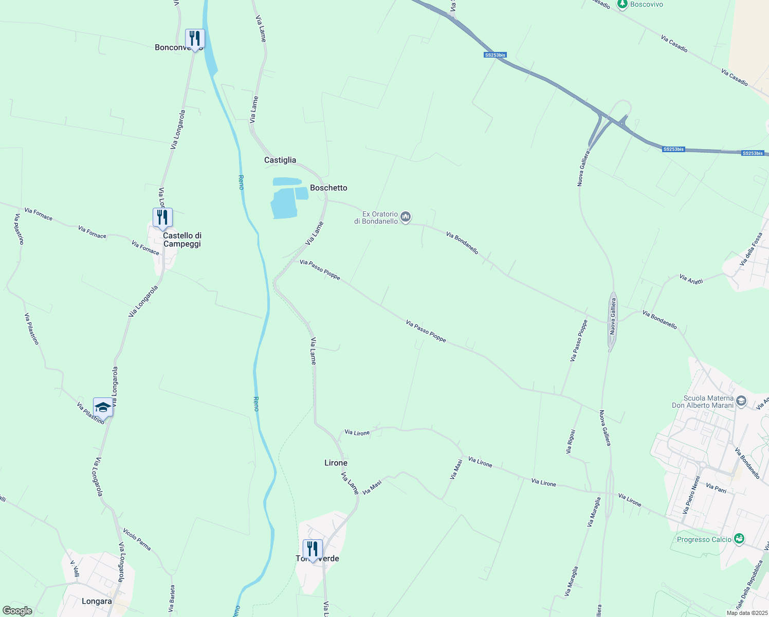 map of restaurants, bars, coffee shops, grocery stores, and more near Via Passo Pioppe in Città Metropolitana di Bologna