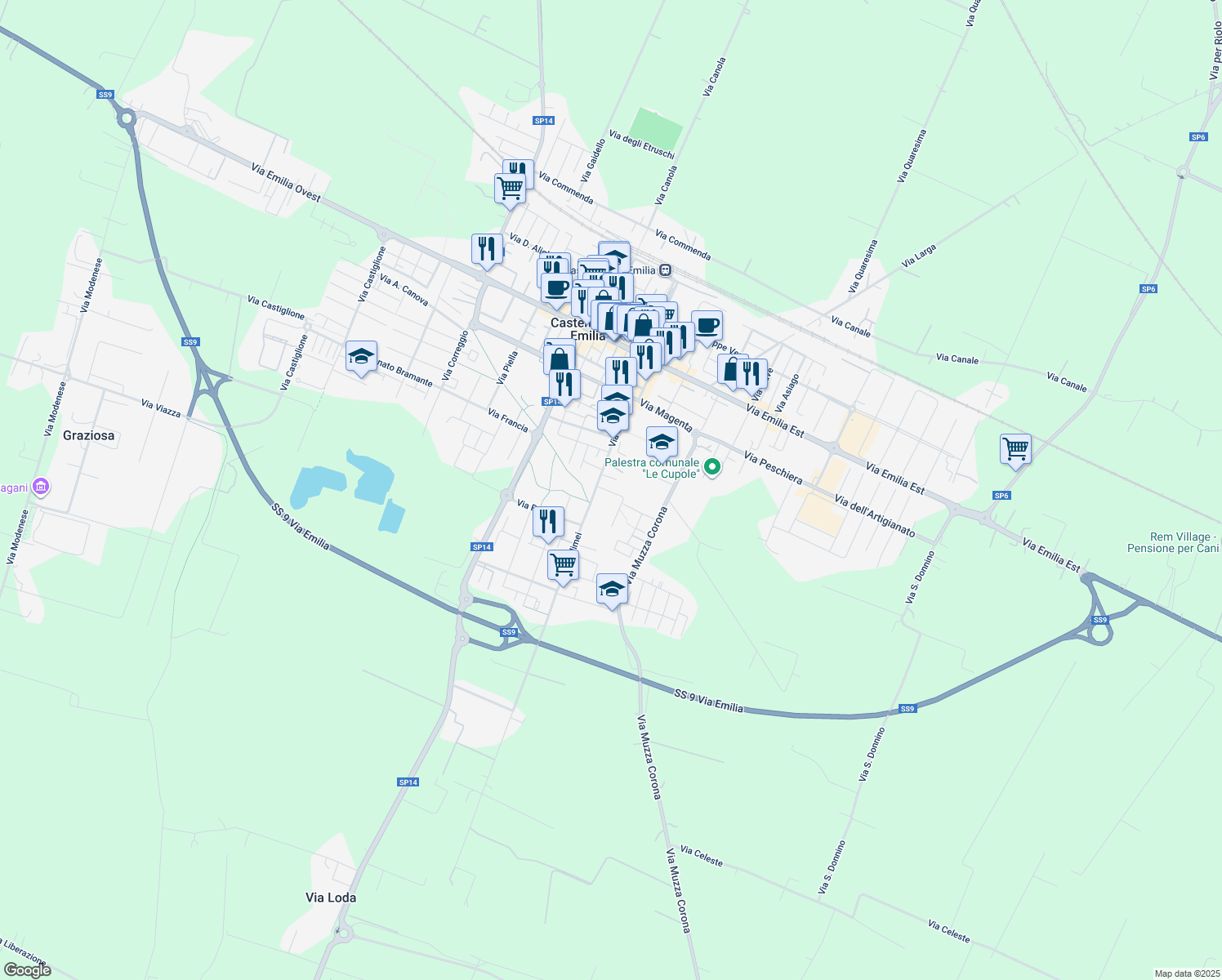 map of restaurants, bars, coffee shops, grocery stores, and more near 14 Via Pietro Melecchi in Castelfranco Emilia
