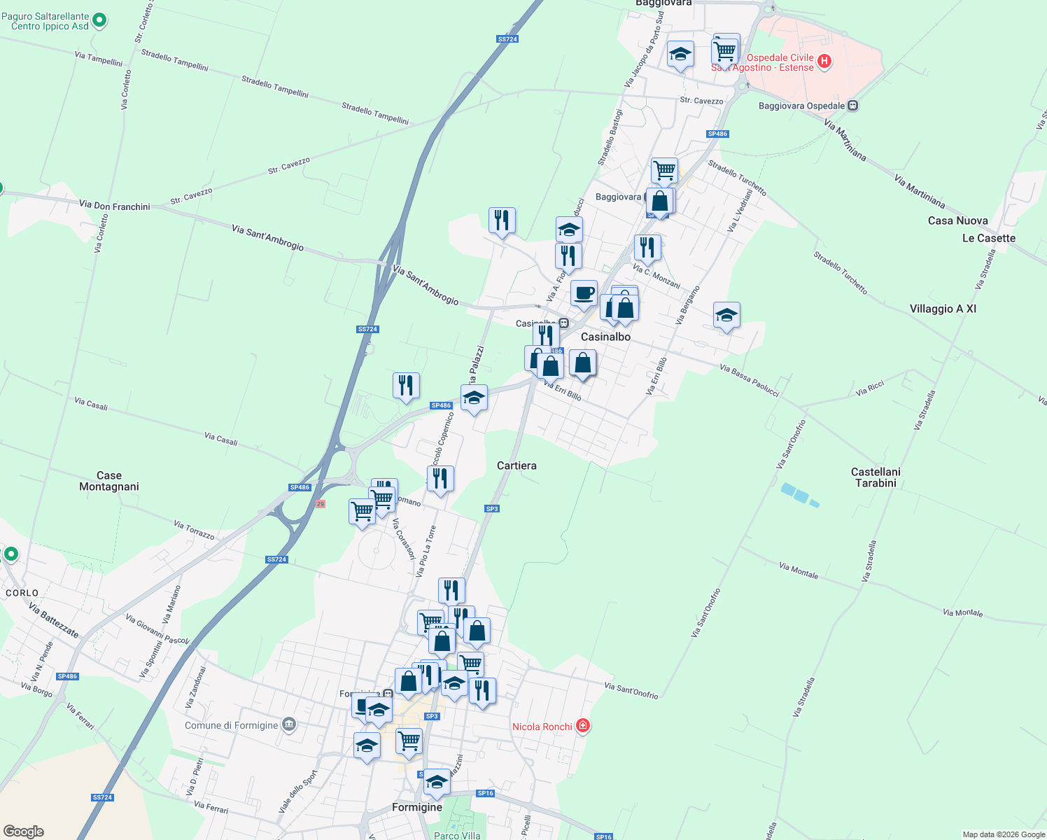 map of restaurants, bars, coffee shops, grocery stores, and more near Via Giardini Nord in Formigine
